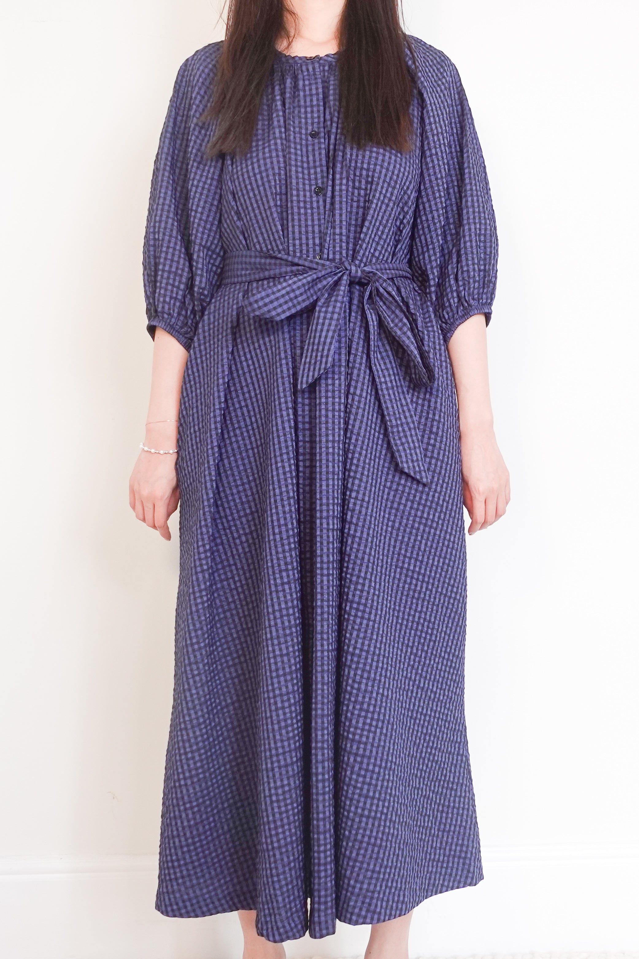 Navy seersucker midi dress