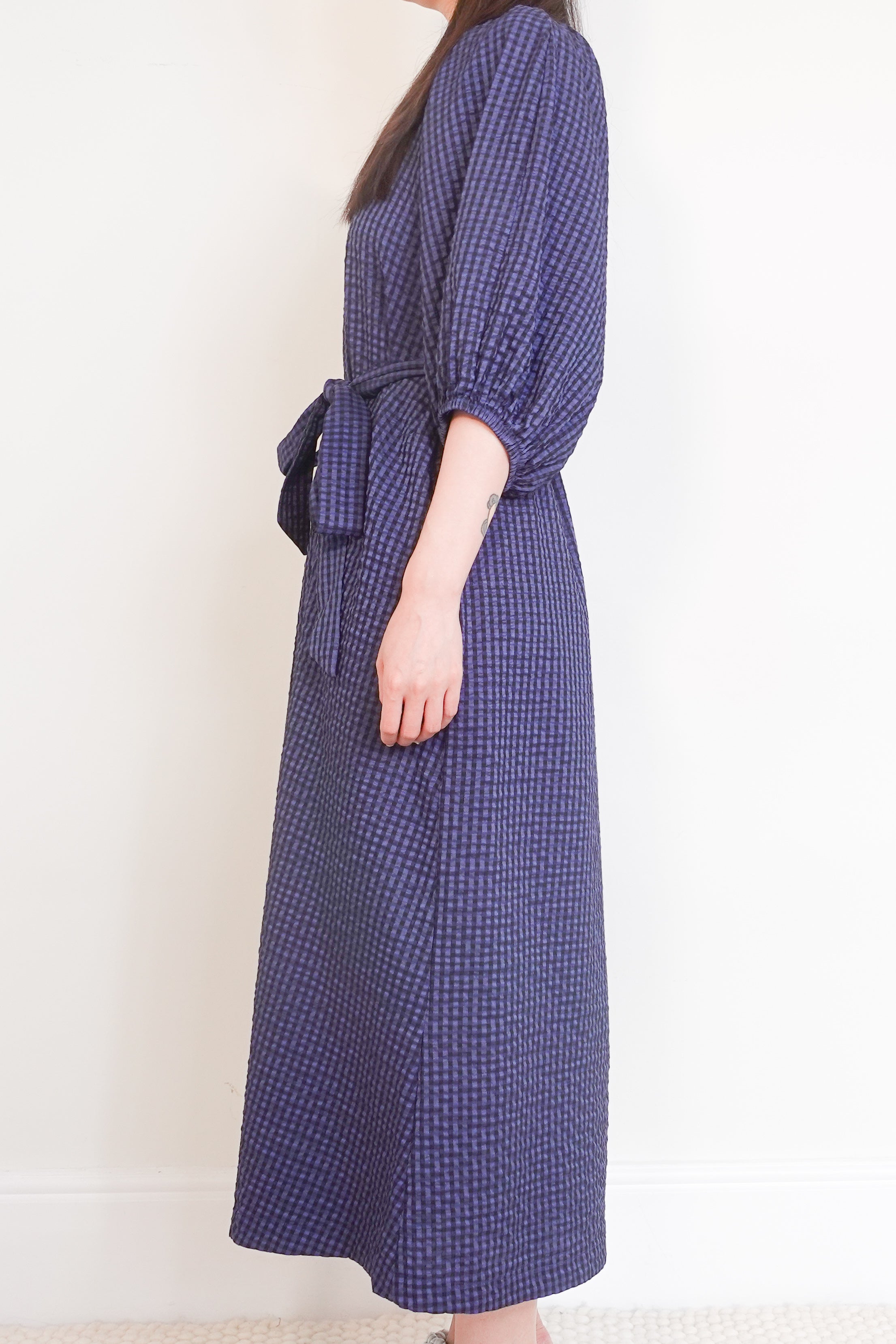 Navy seersucker midi dress