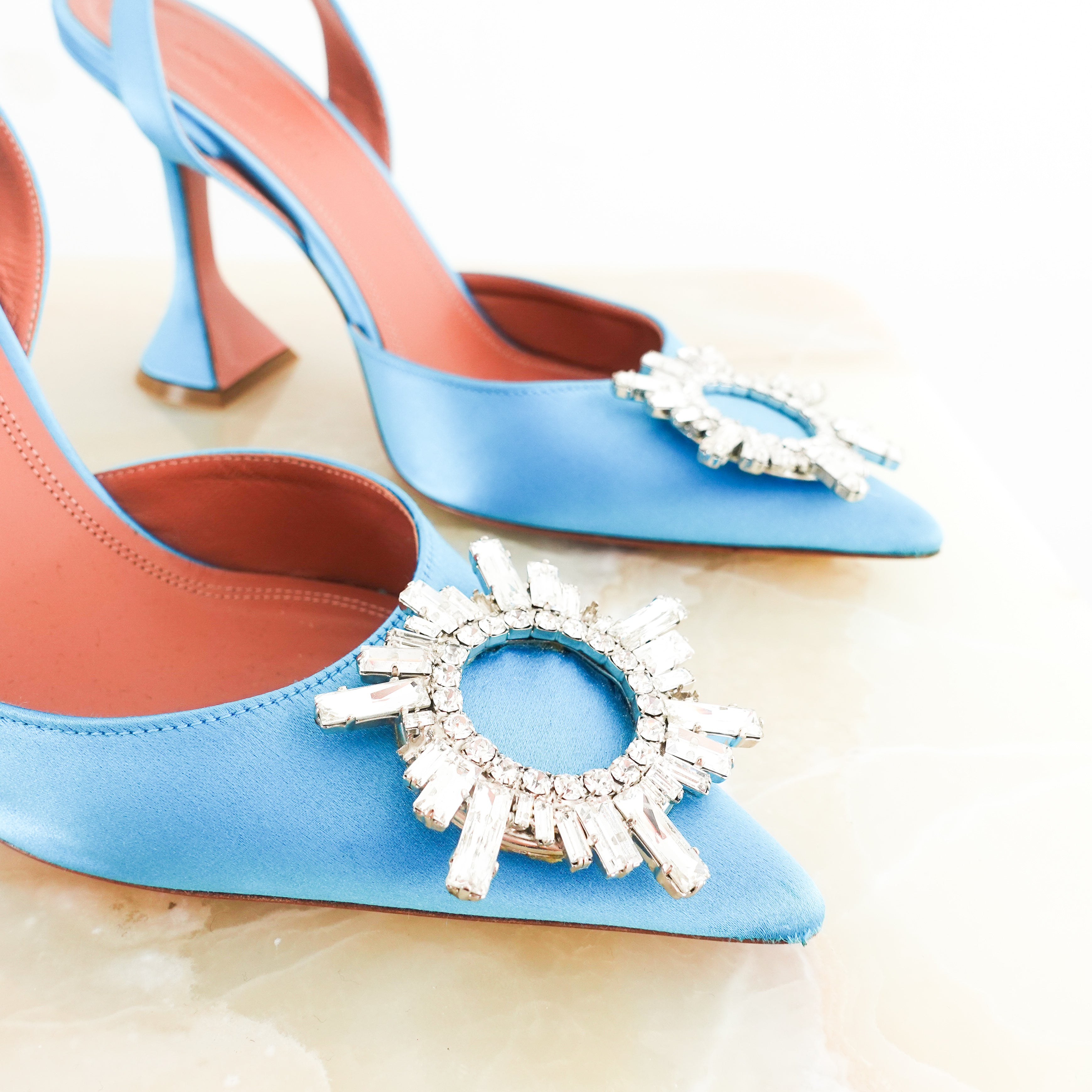 Blue satin Begum sling back heels