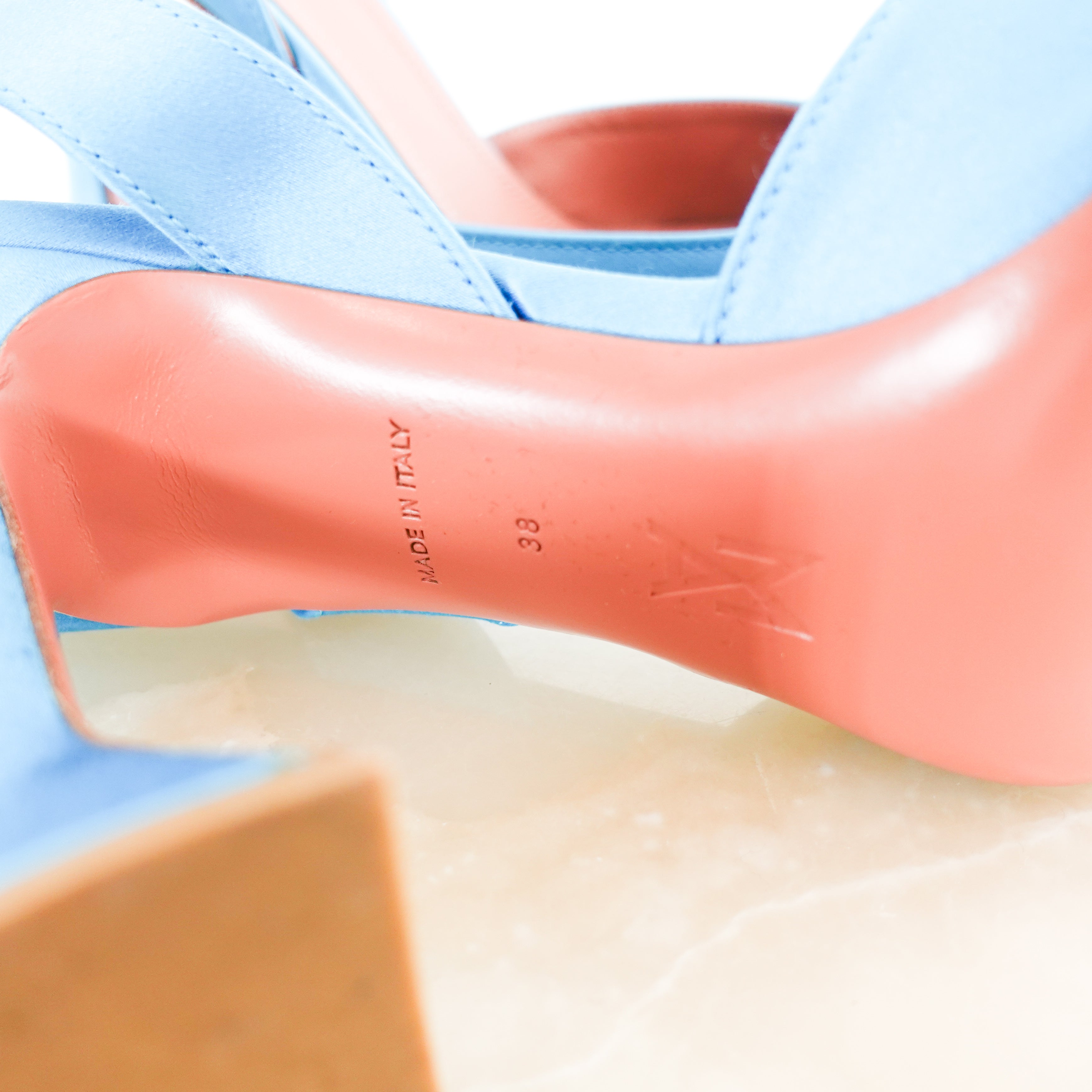 Blue satin Begum sling back heels