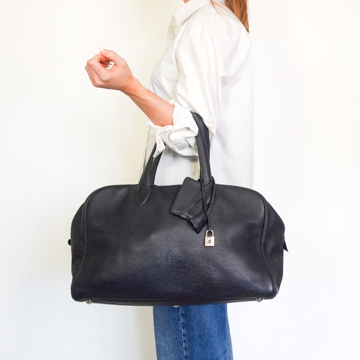 Hermes Victoria Handbag 43: Black Leather Palladium Hardware (RRP £3500) | Authentic Preloved