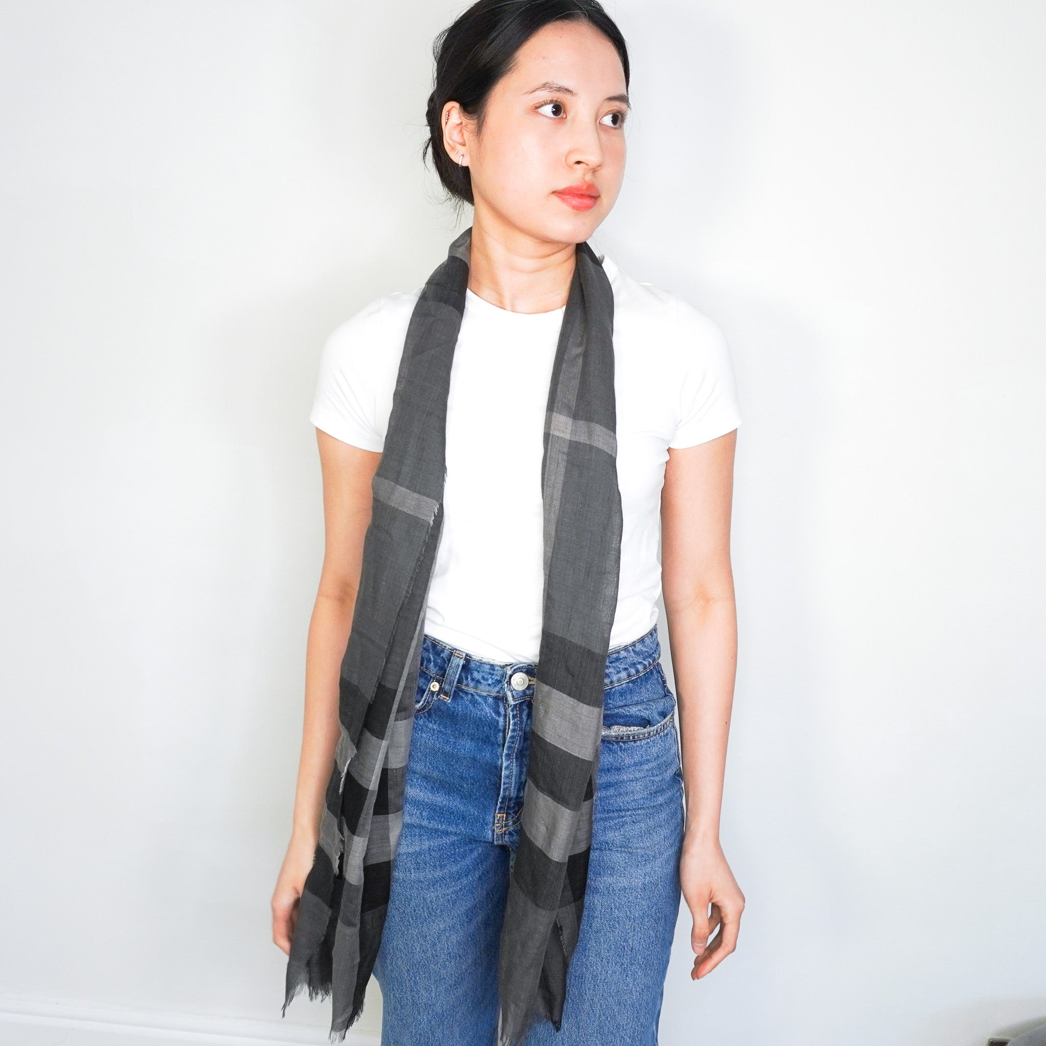 Burberry Grey Check Wool and Silk Blend Scarf RRP £445 | Authentic Preloved FINAL SALE