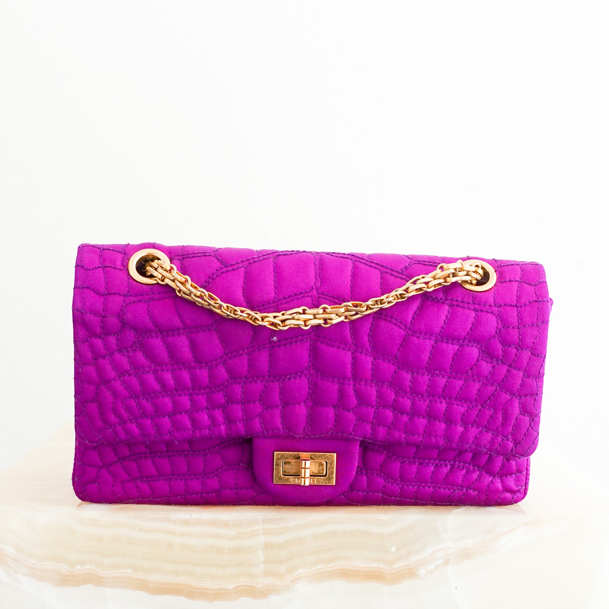 Purple satin reissue 2.55 flap bag RRP £4.5k