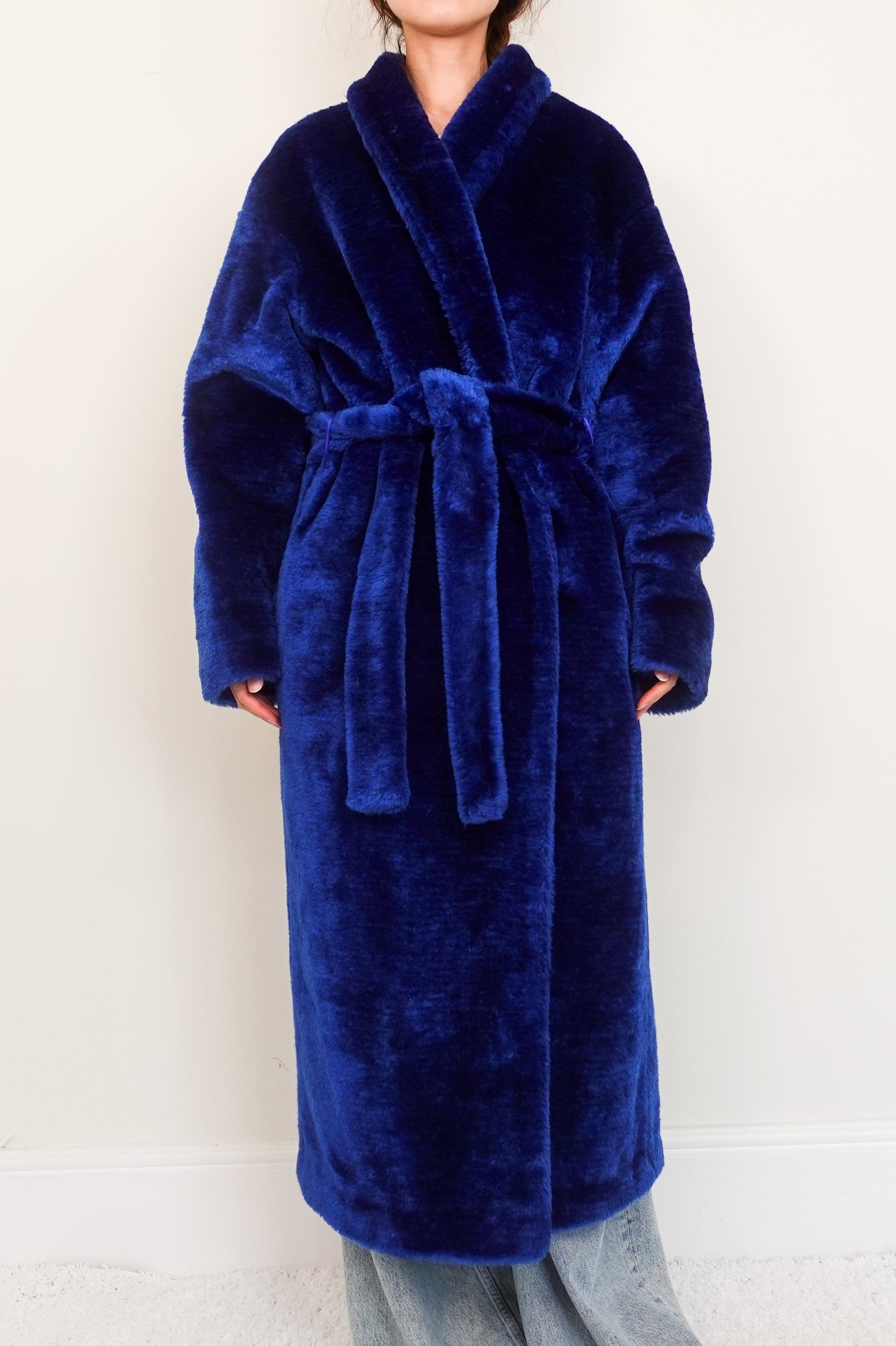 Royal blue belted faux fur coat RRP £1250