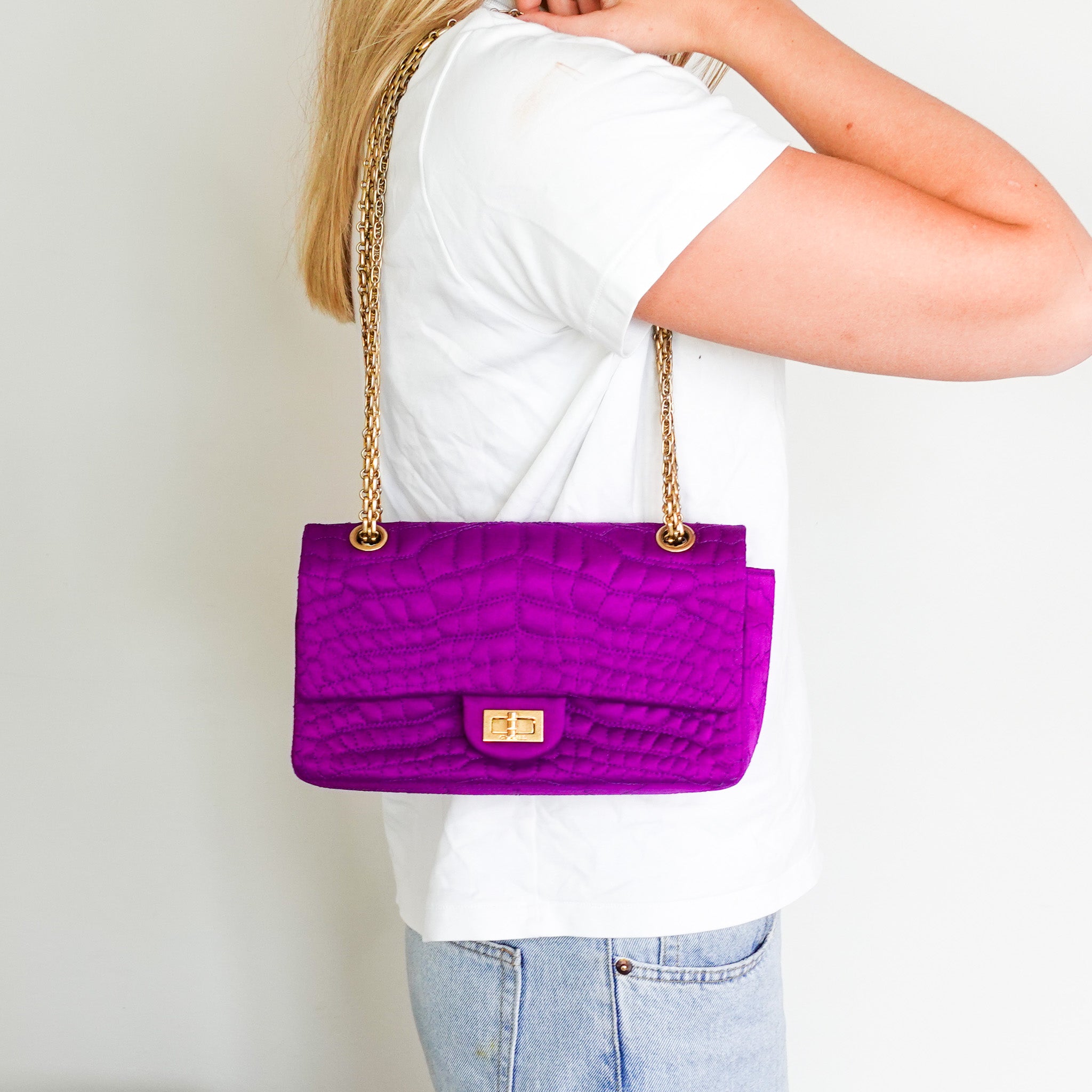 Purple satin reissue 2.55 flap bag RRP £4.5k