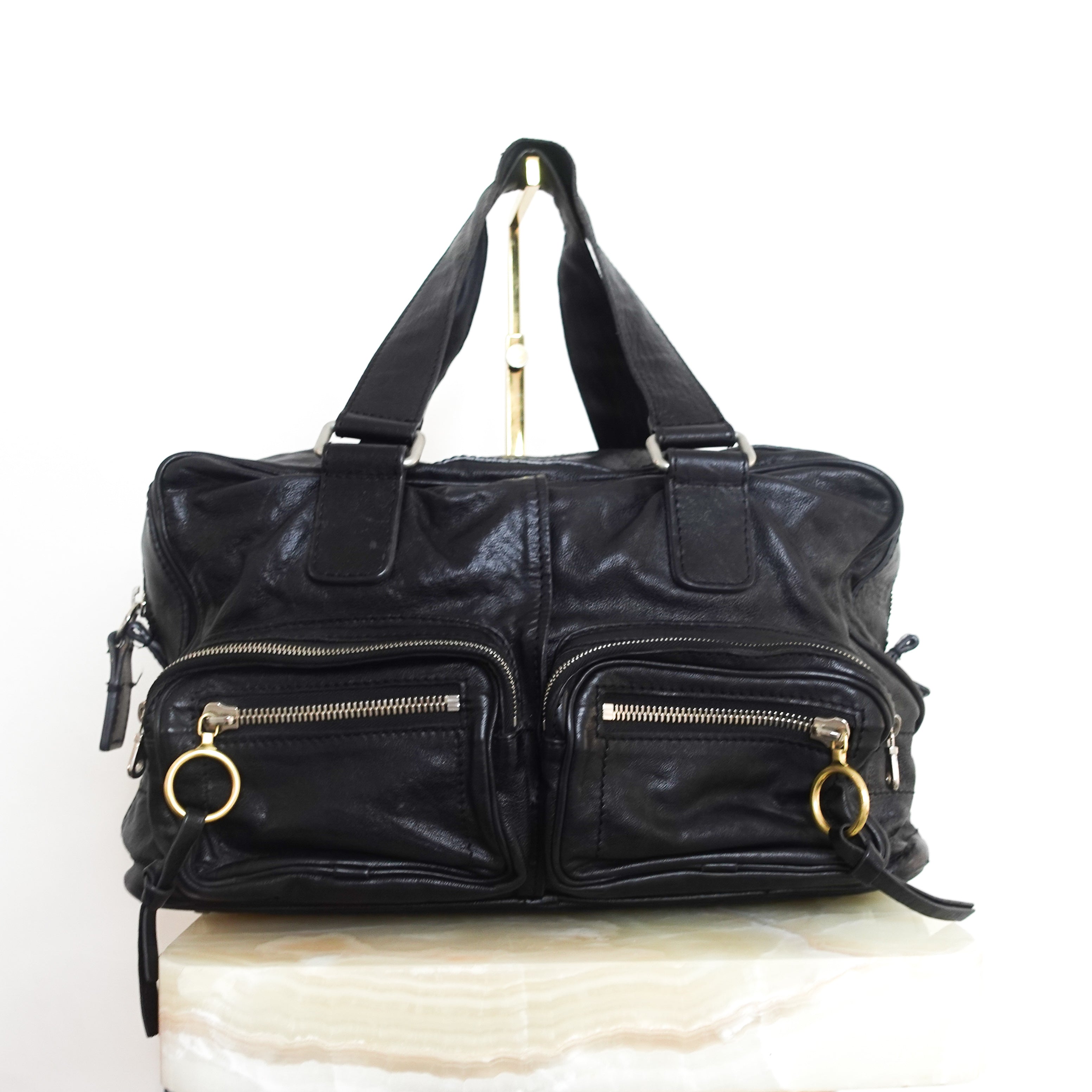 Black leather oversized shoulder bag