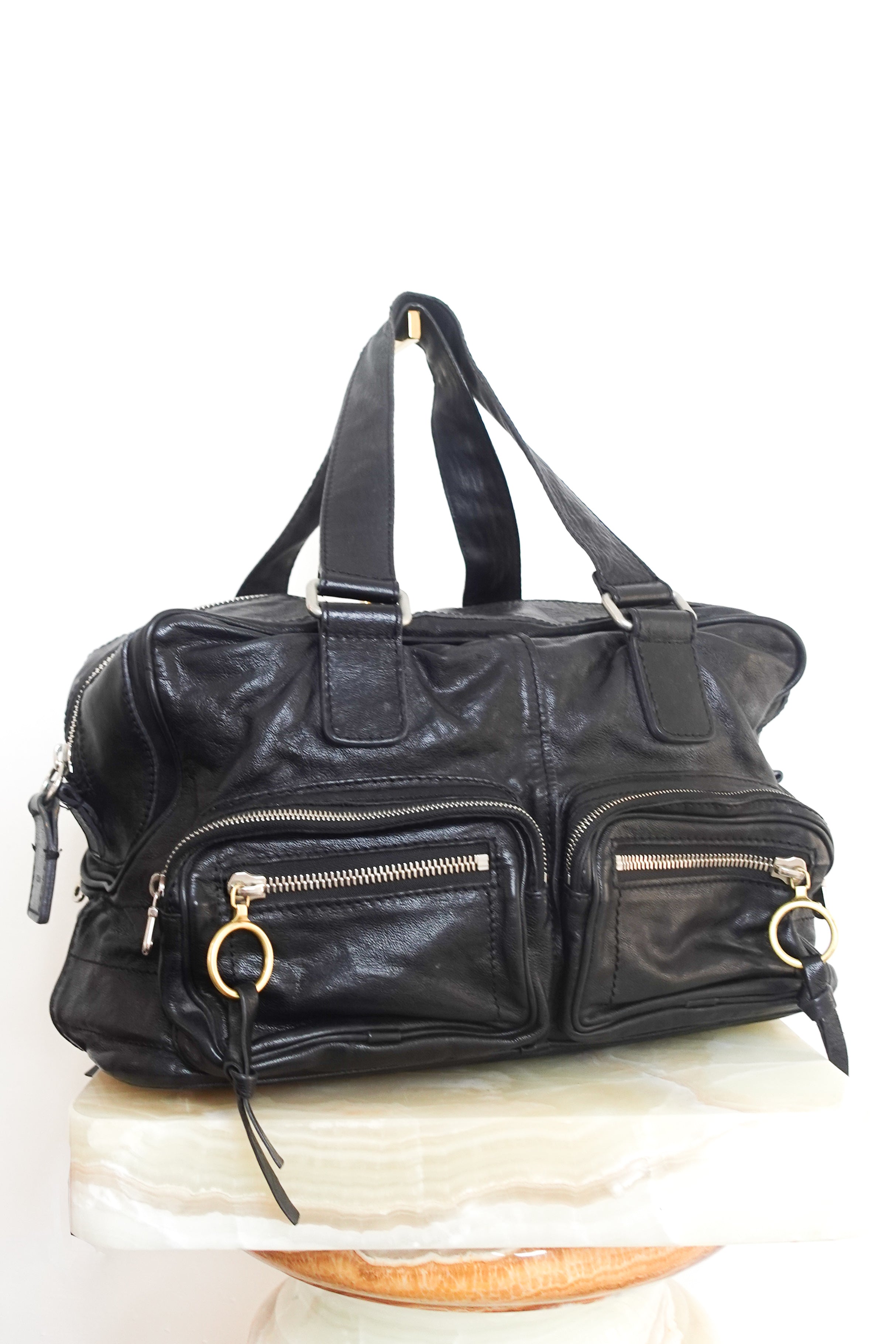 Black leather oversized shoulder bag