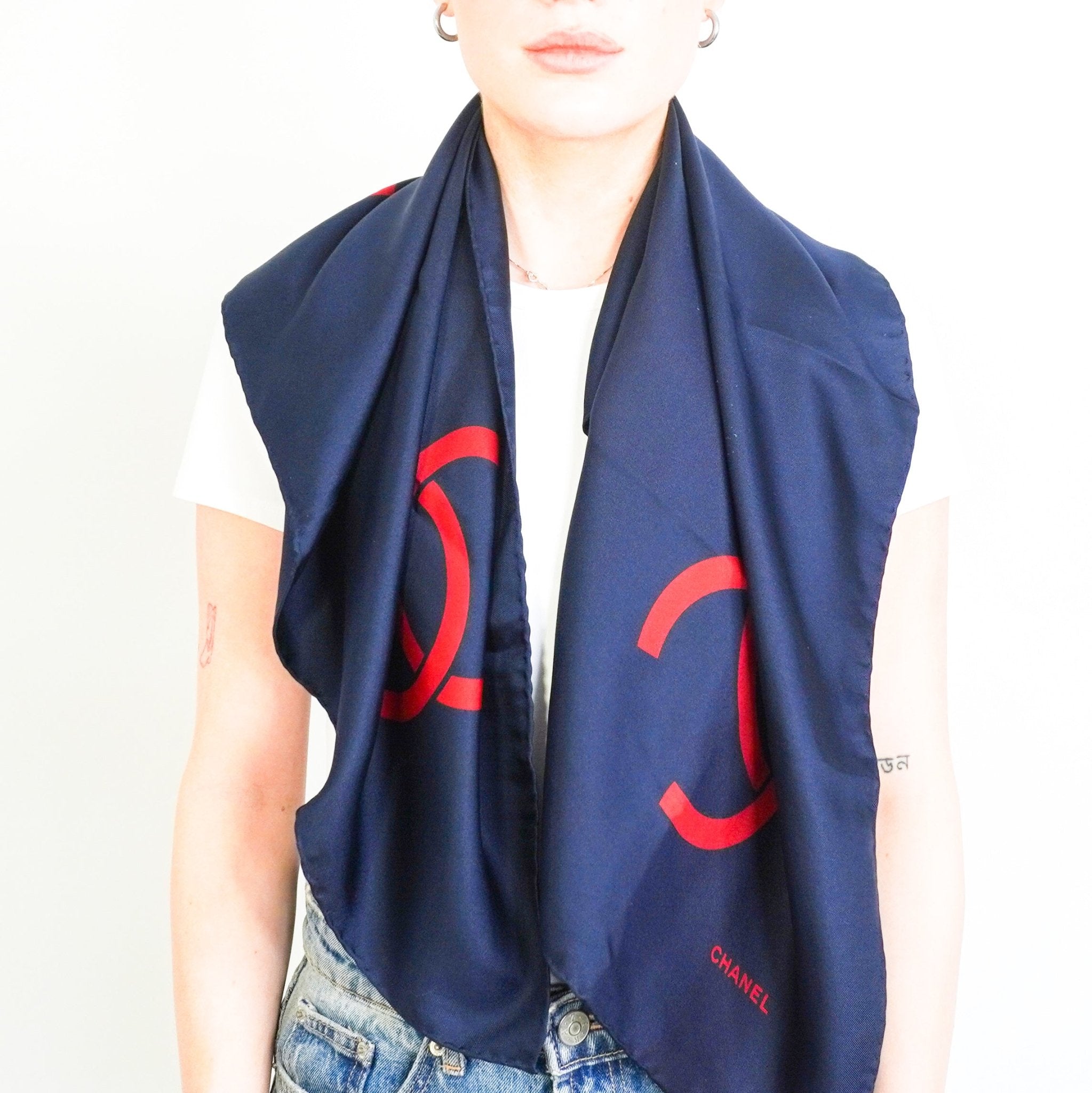 Chanel Navy Silk CC Scarf RRP £700 | Authentic Preloved - Reloved Again