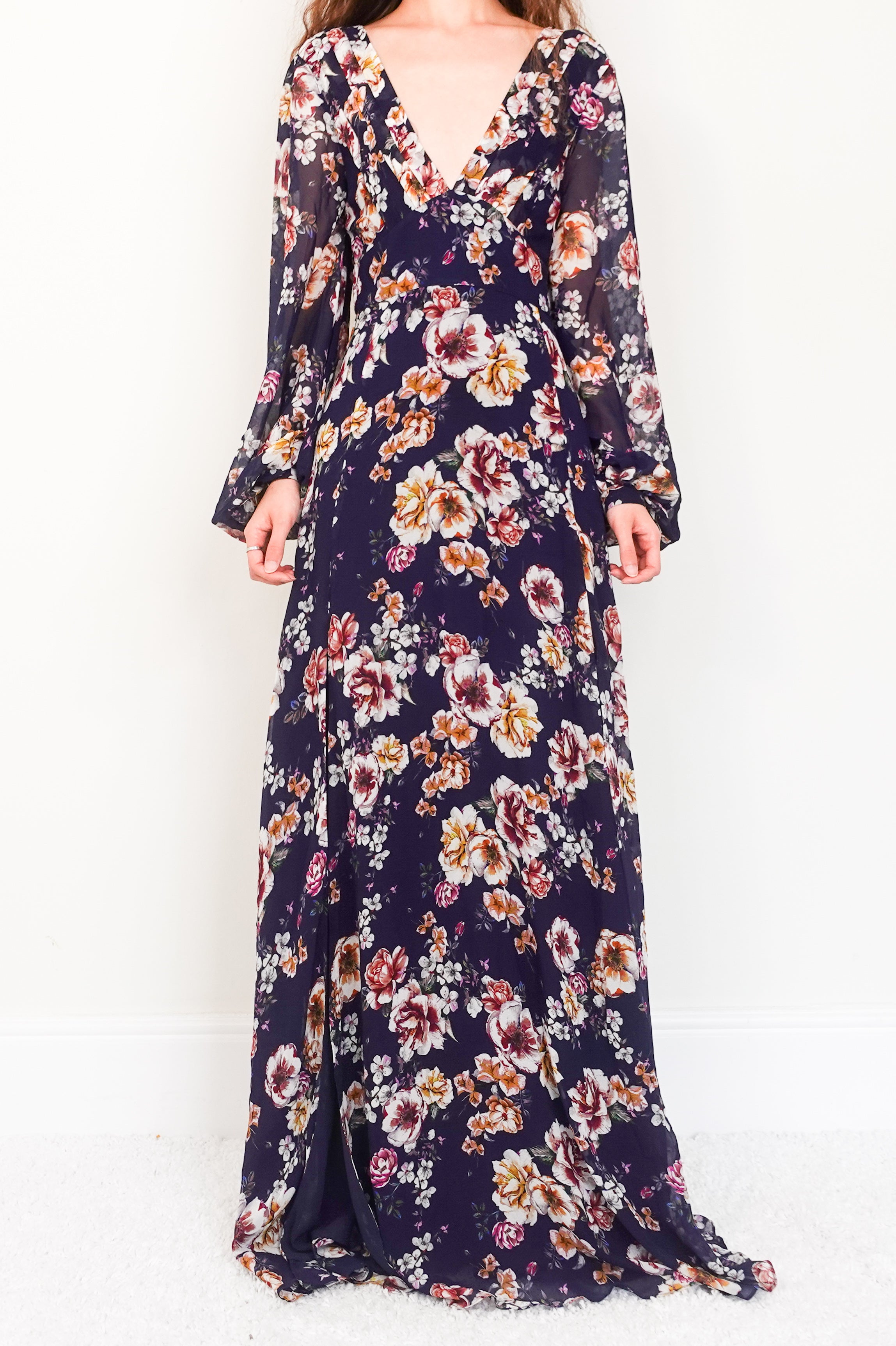 Blue silk floral maxi dress