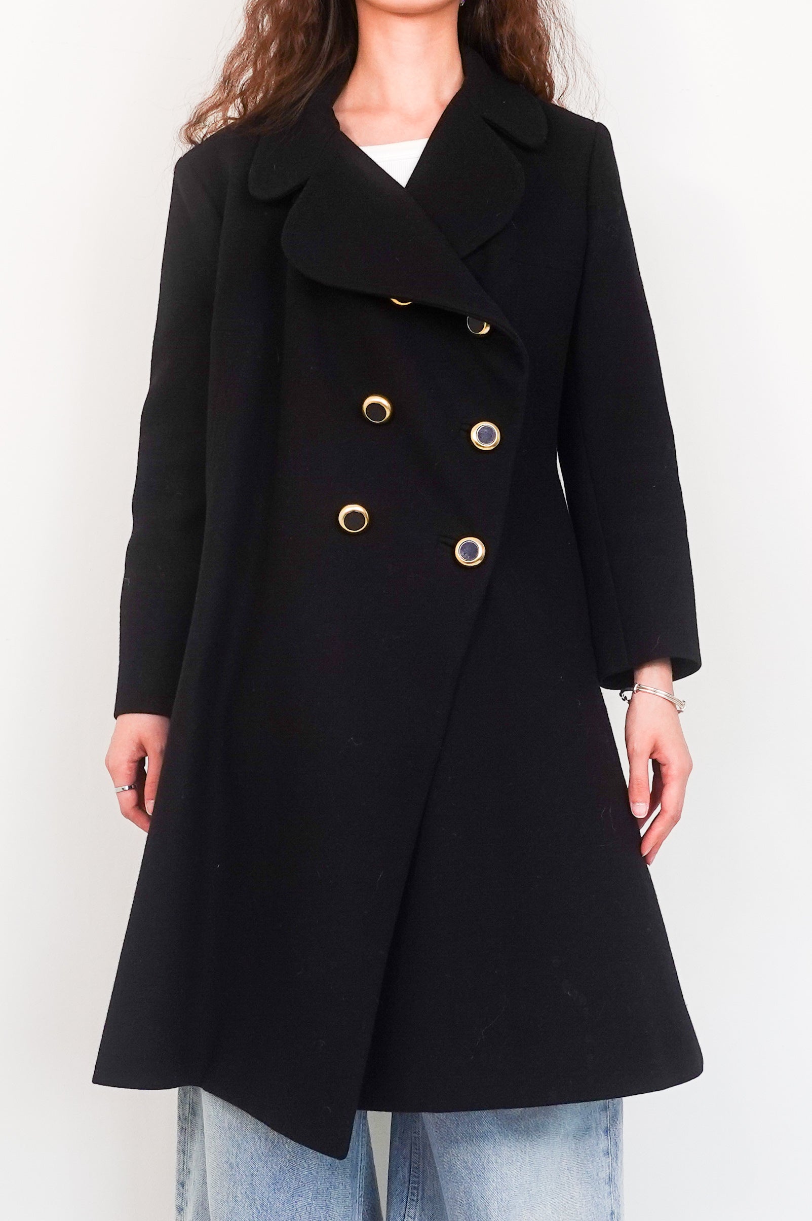 Black wool coat with gold buttons