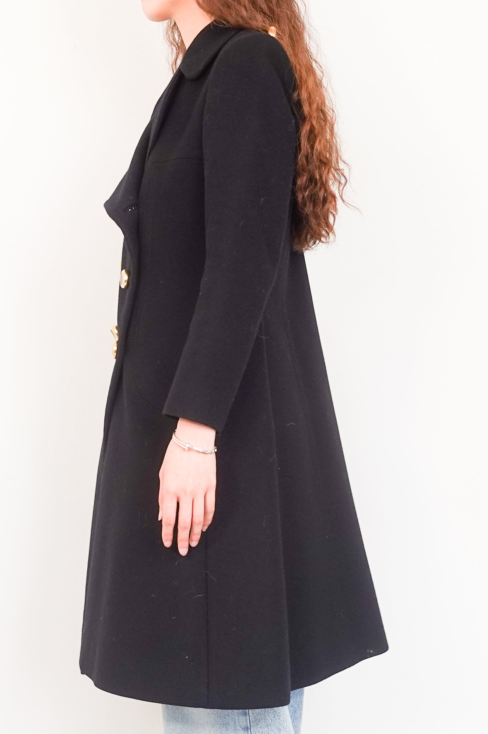 Black wool coat with gold buttons