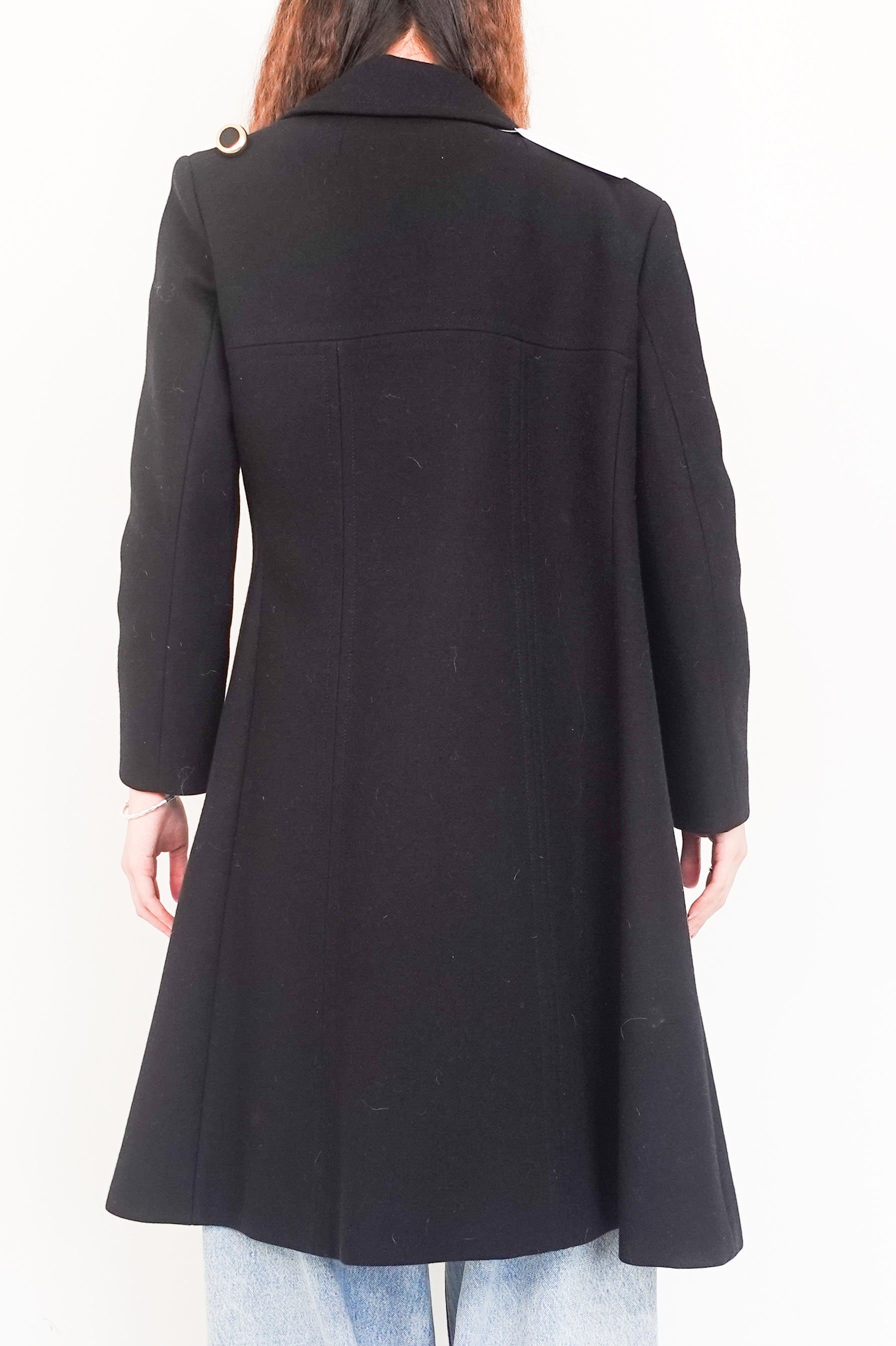 Black wool coat with gold buttons