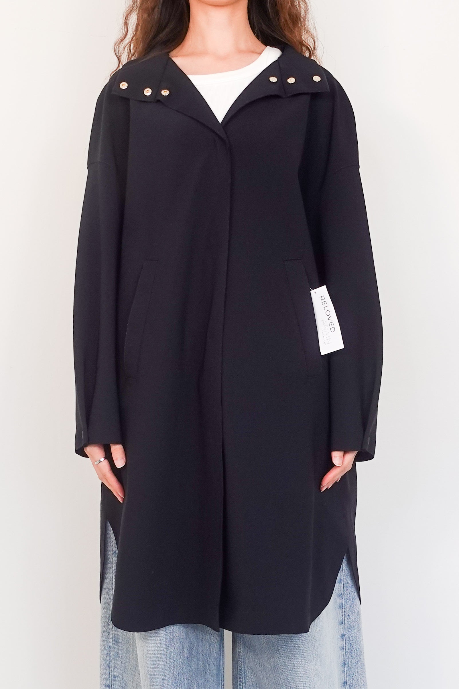 Black funnel neck trench coat