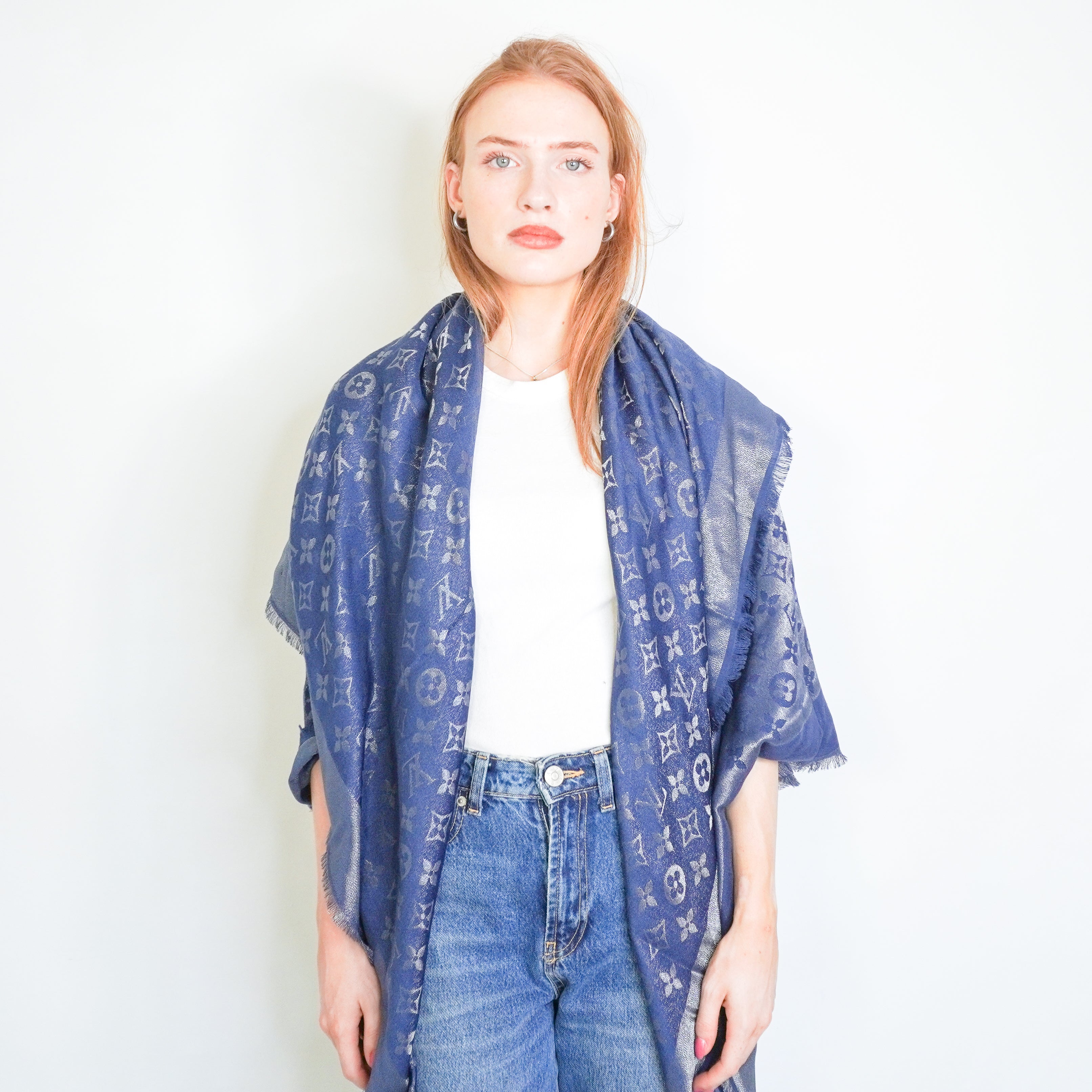 Louis Vuitton Monogram Navy Silk Shine Shawl (RRP £535) | Authentic Preloved