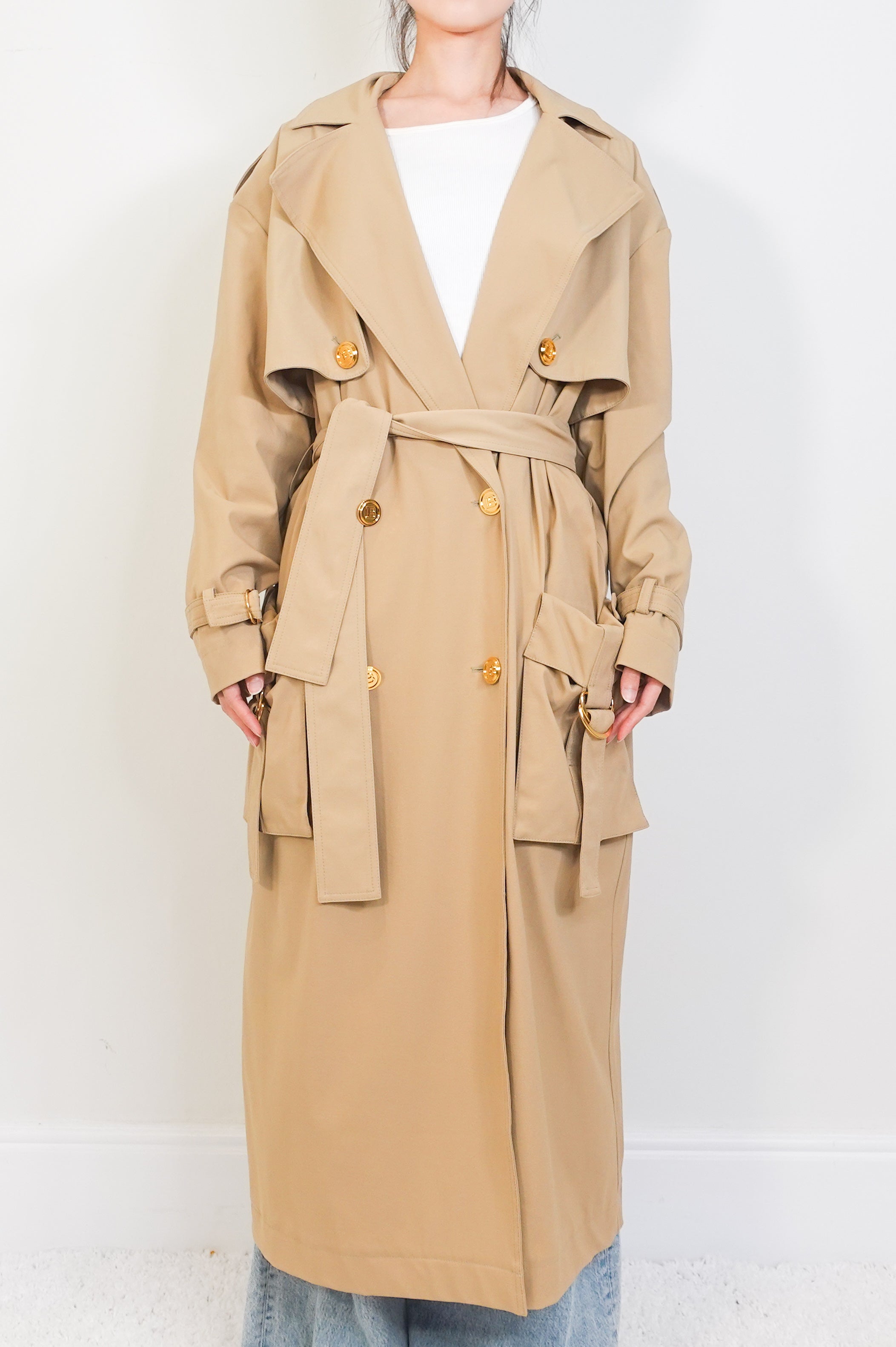 Beige maxi length cotton twill trench RRP £2800