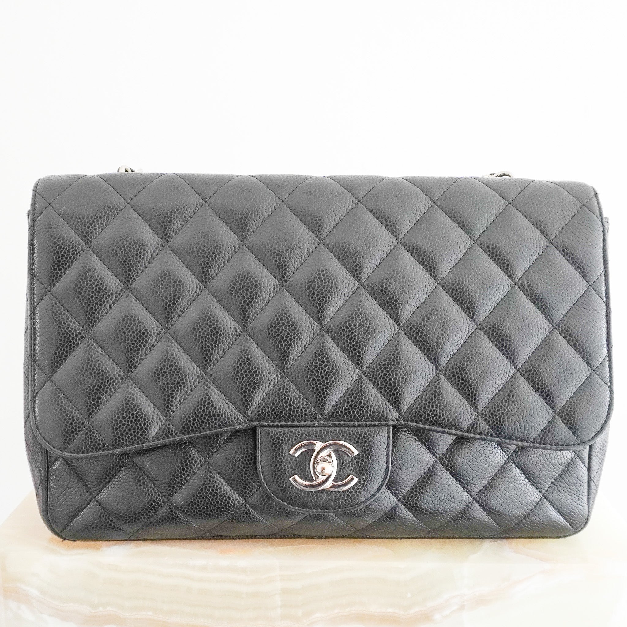 Chanel Jumbo Classic Single Flap Bag in Black Caviar Leather RRP £9,500 | Authentic Preloved