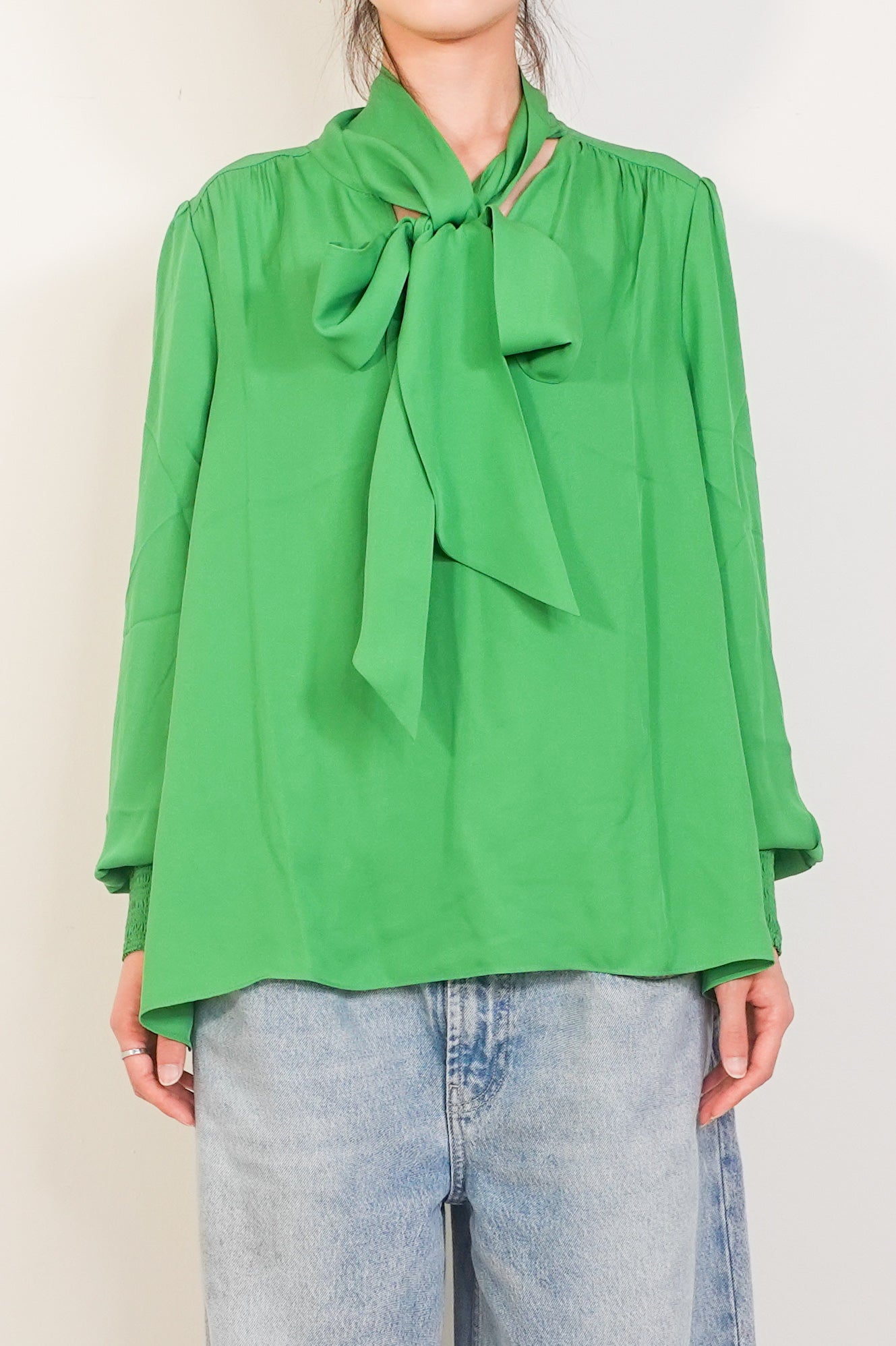 New rainforest green silk v neck tie swing blouse RRP £250