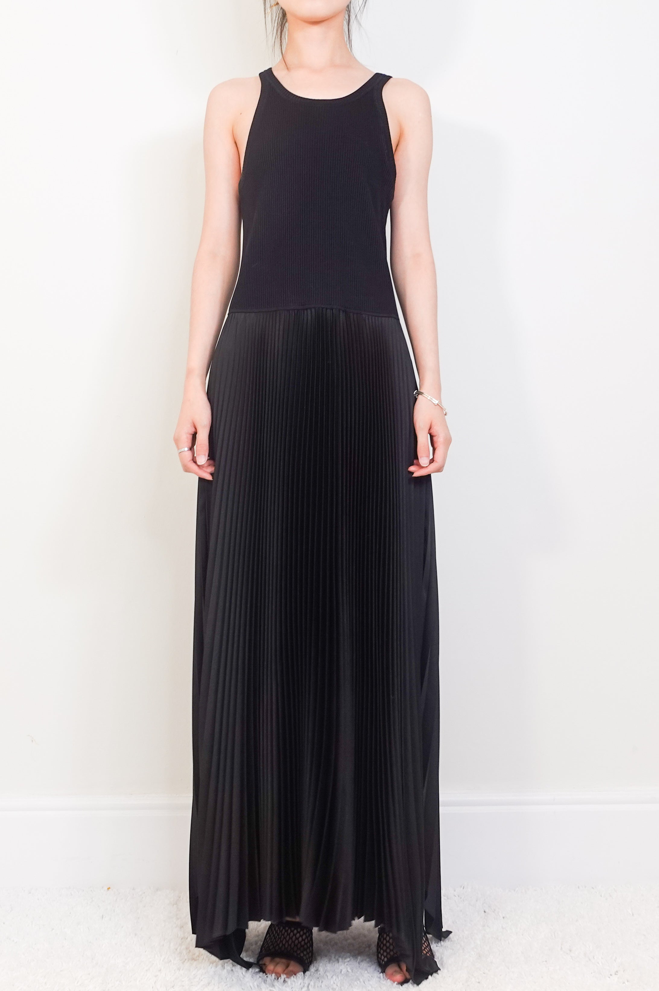 Maxi black dress with pleated skirt RRP £450