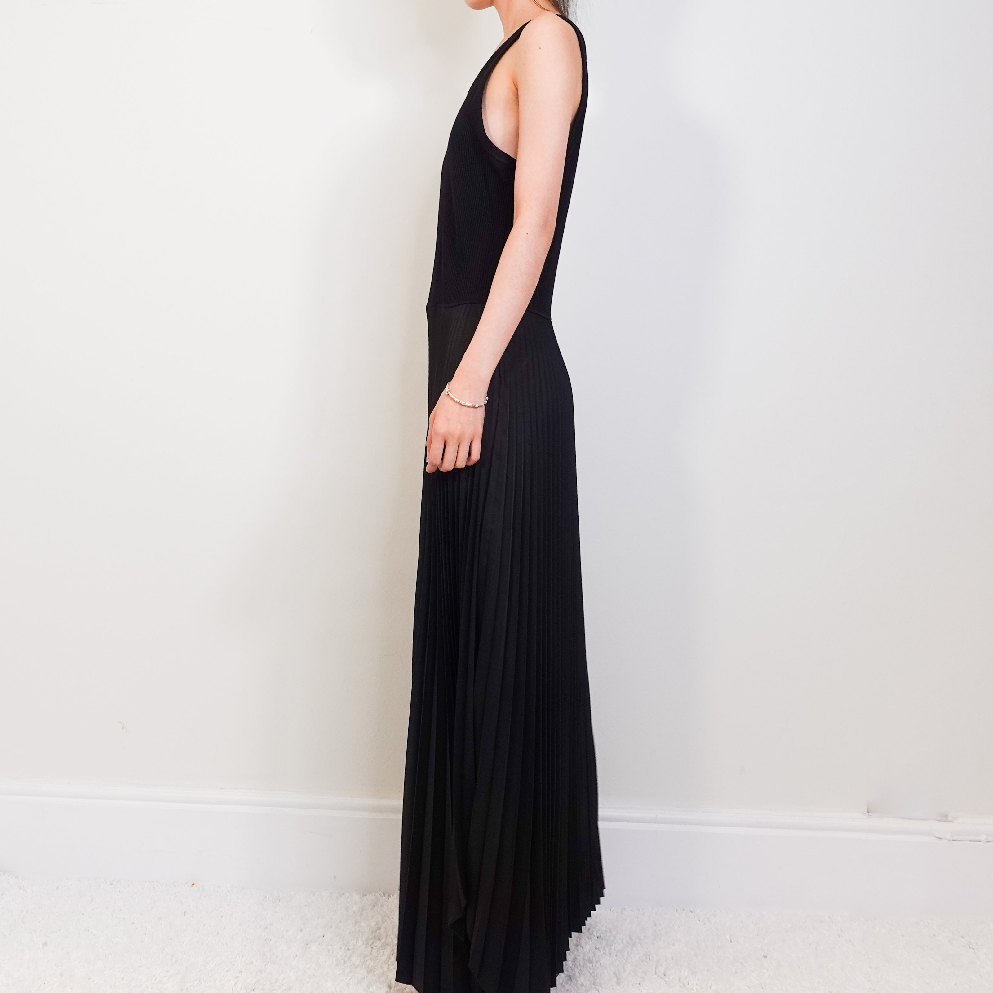 Maxi black dress with pleated skirt RRP £450