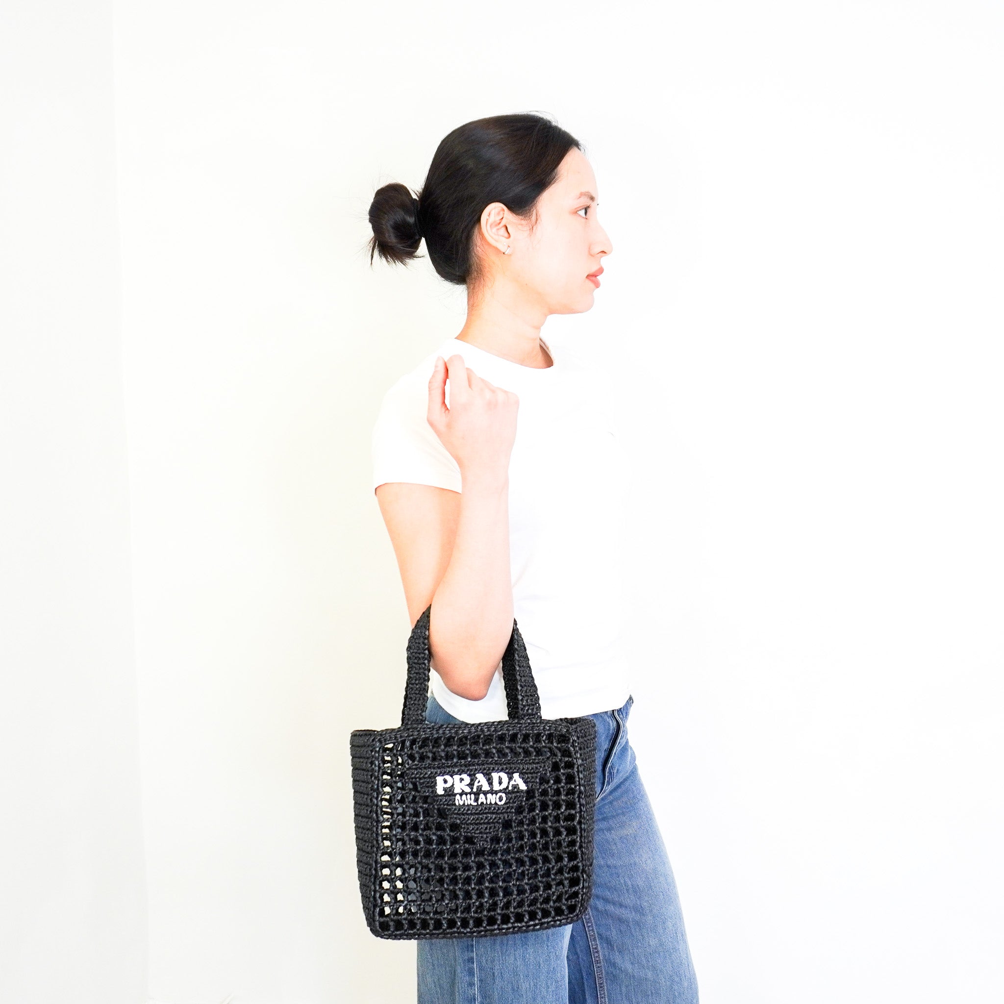 Prada Crochet Raffia Tote in Black RRP £1450 | Authentic and Preloved - Reloved Again