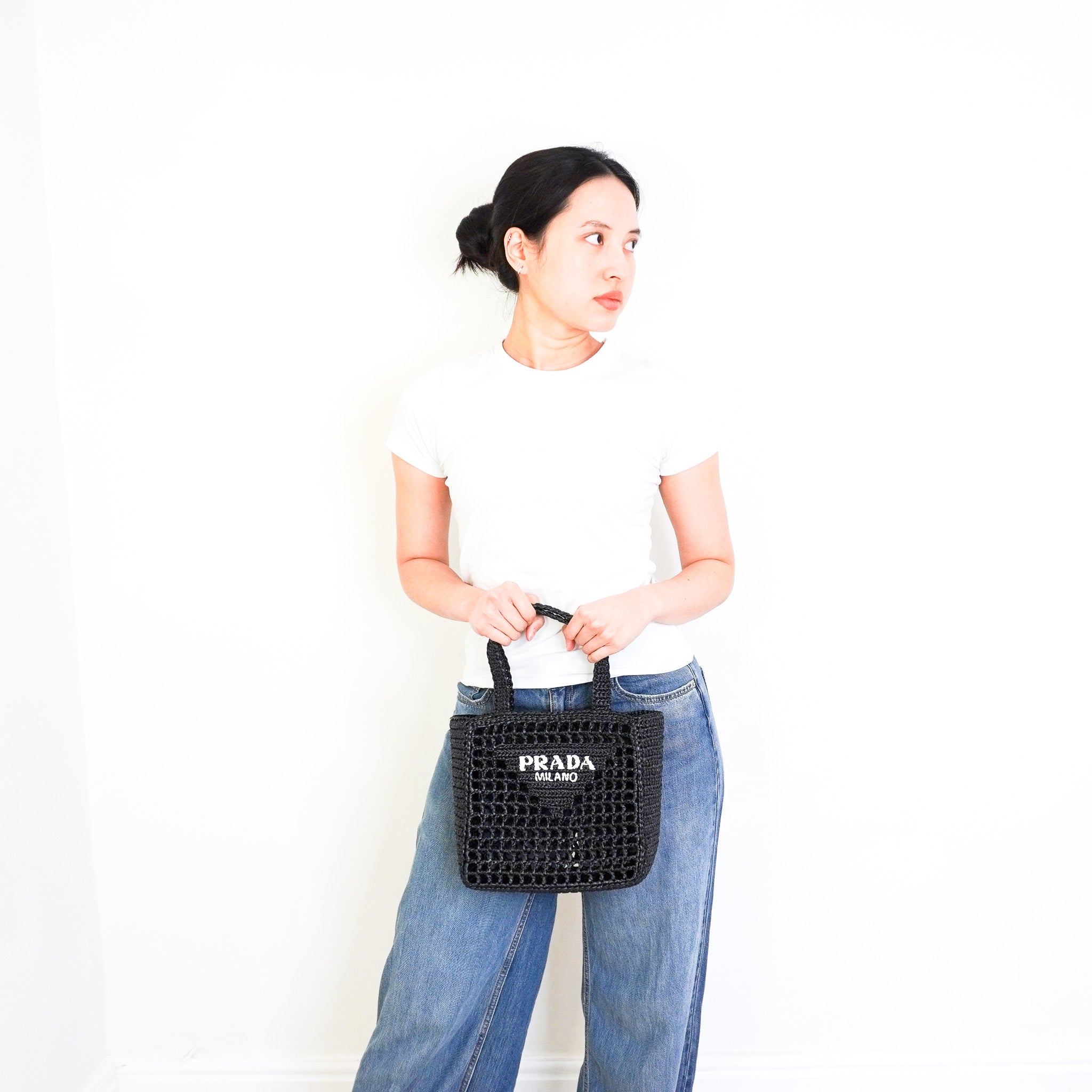 Prada Crochet Raffia Tote in Black RRP £1450 | Authentic and Preloved - Reloved Again