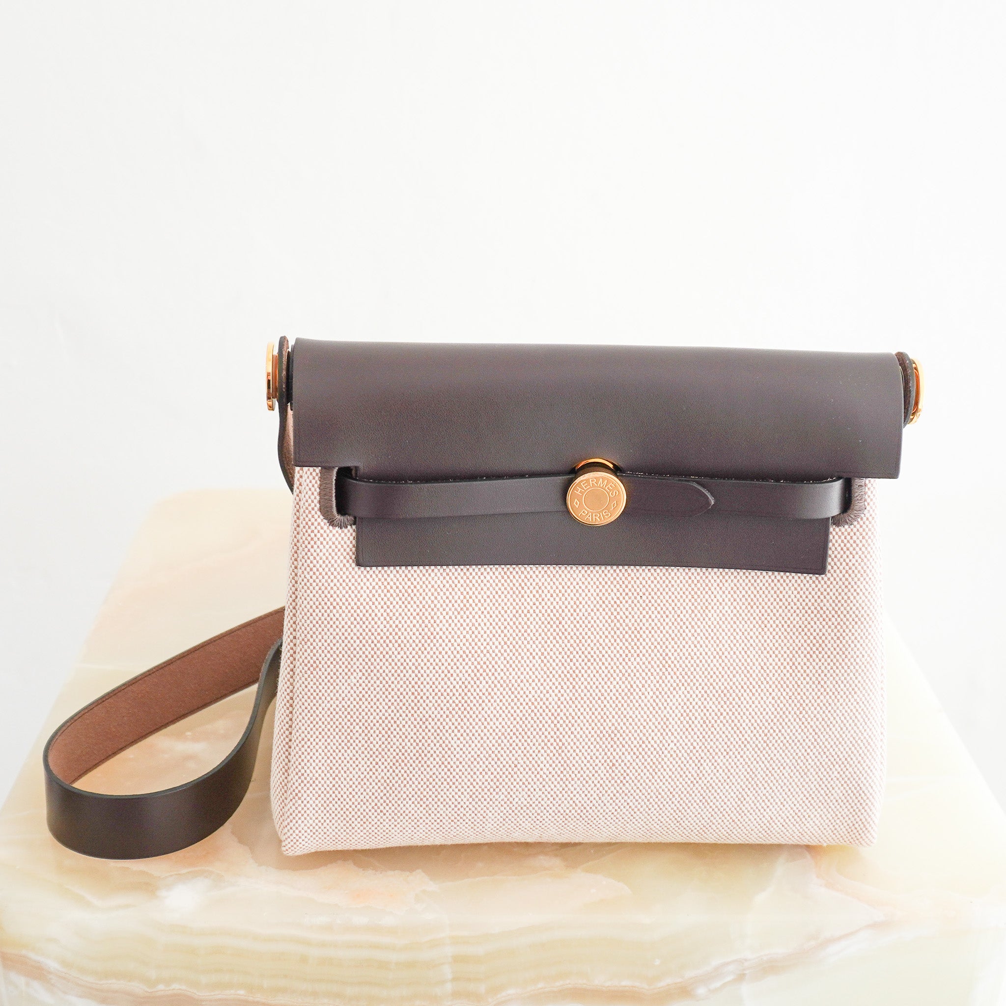 NEW Hermes Mini Herbag 20 in Ebene Vache Leather and Ecru Canvas | Authentic Preloved - Reloved Again