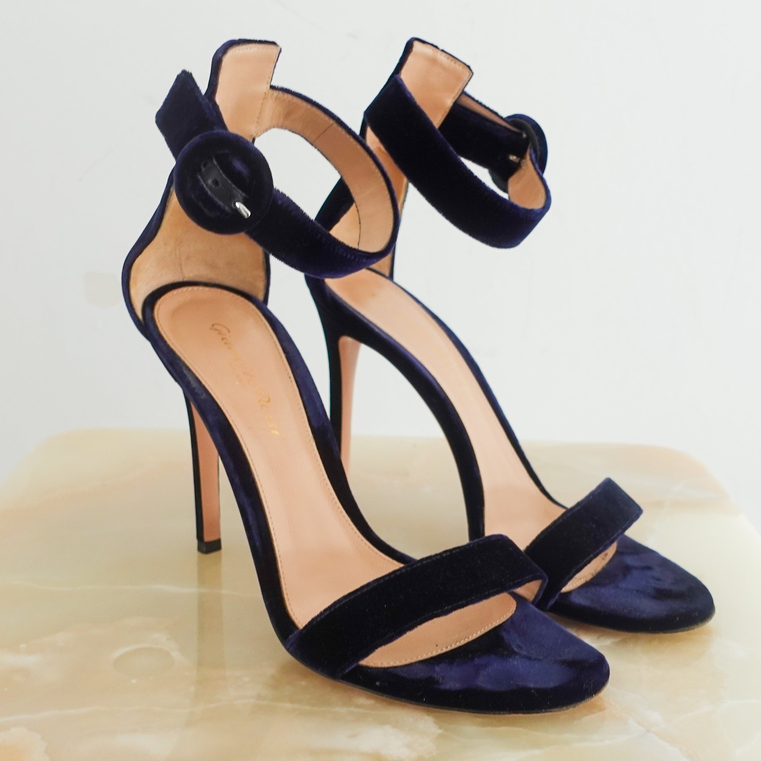 Blue velvet strap heels RRP £550