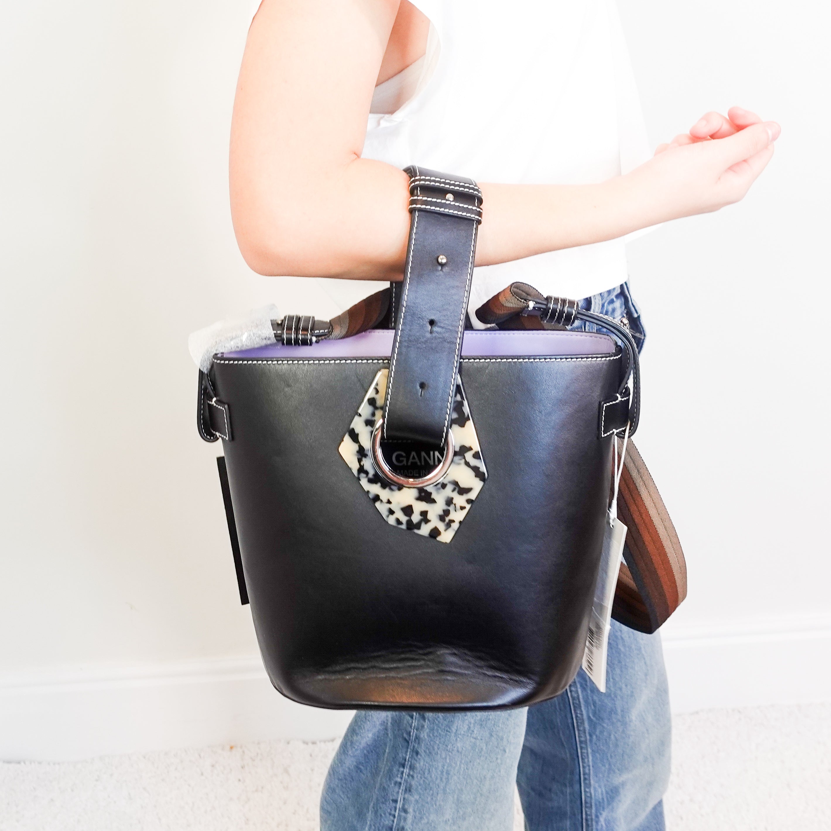 NEW Black Leather Bucket Bag RRP £350