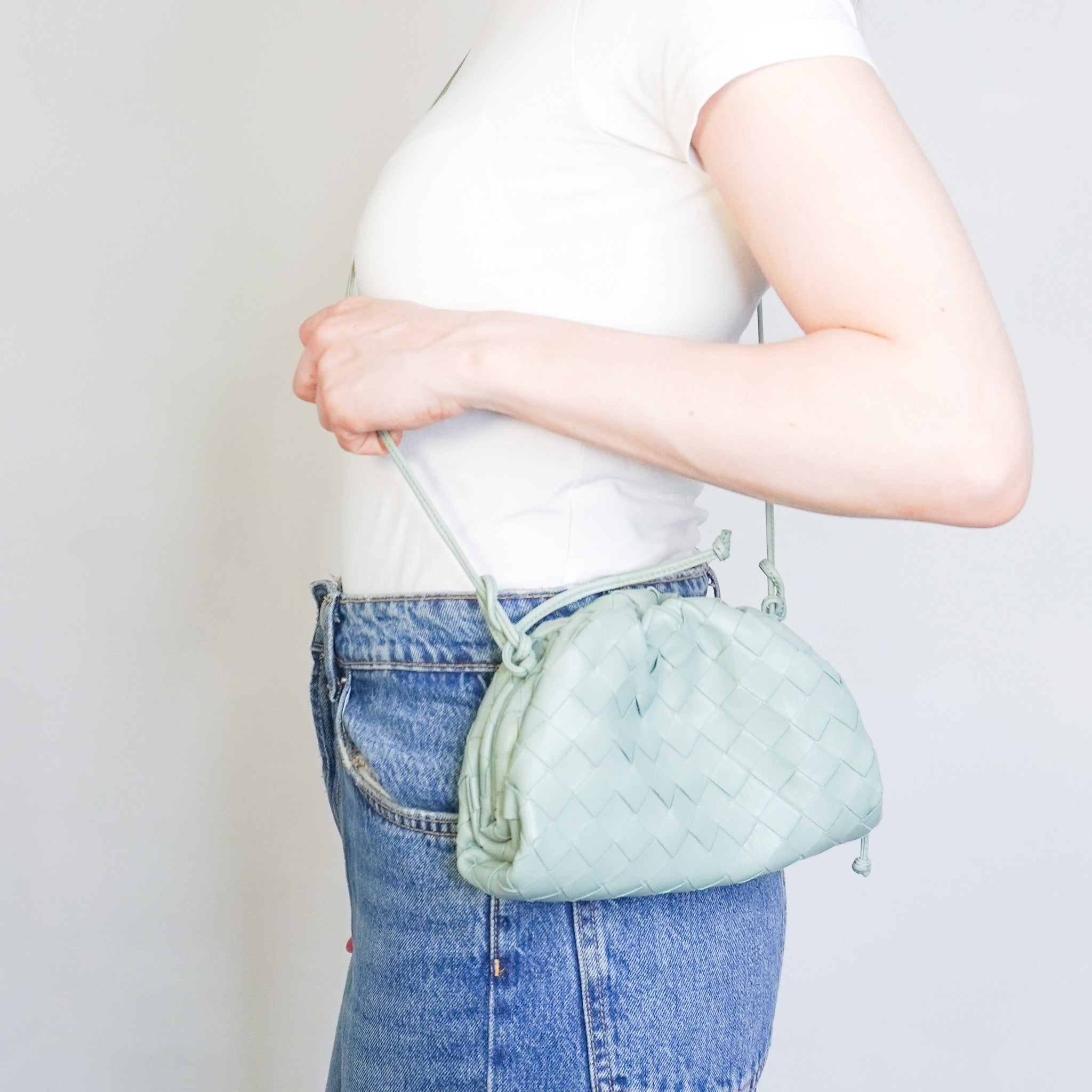 Bottega Veneta Mini Intrecciato Pouch Crossbody Bag in Seafoam Green Leather (RRP £2100) | Authentic Preloved