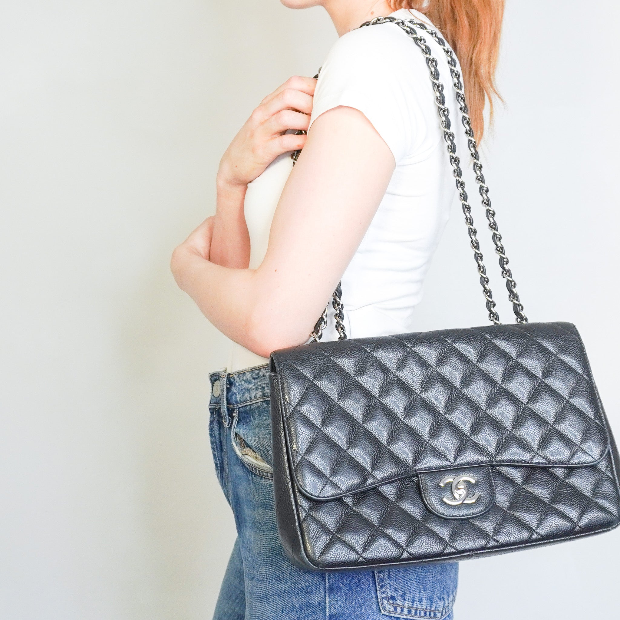 Chanel Jumbo Classic Single Flap Bag in Black Caviar Leather RRP £9,500 | Authentic Preloved