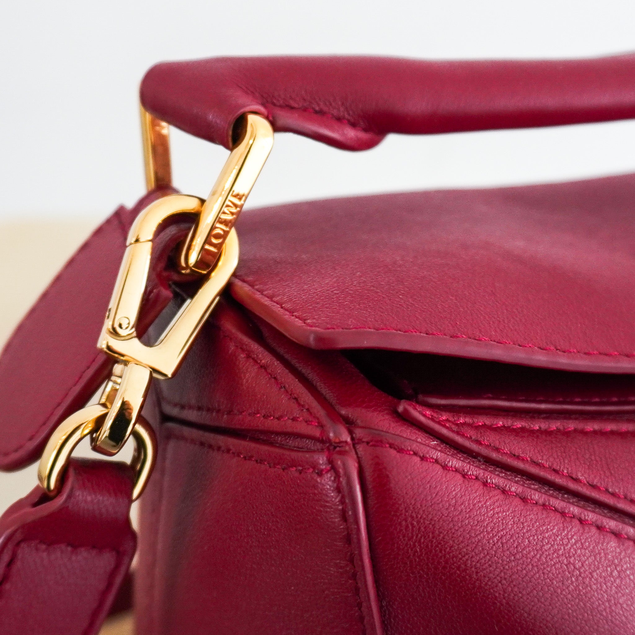 CURRENT SEASON Loewe Small Leather Featherlight Puzzle Top - Handle Bag in Burgundy RRP £3250 | Authentic Preloved - Reloved Again