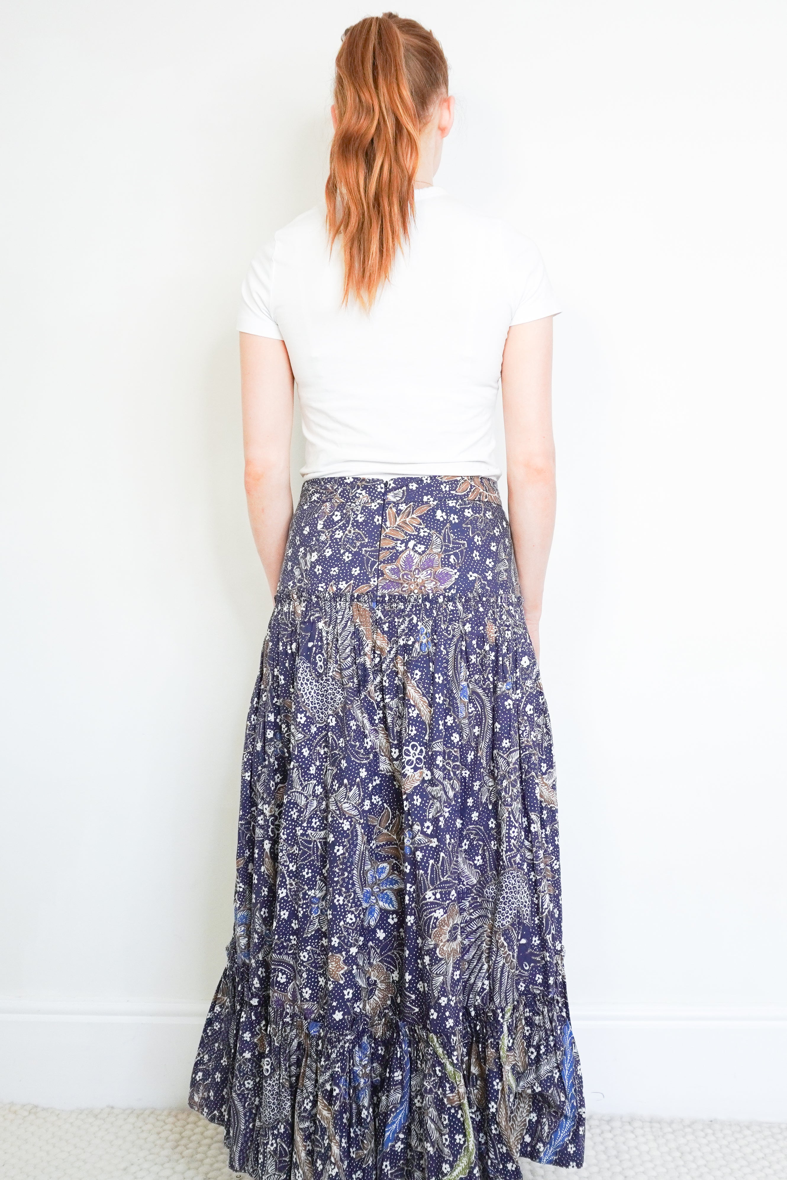 Cara Cara Navy Floral Print Tiered Maxi Skirt (RRP £564) | Authentic Preloved