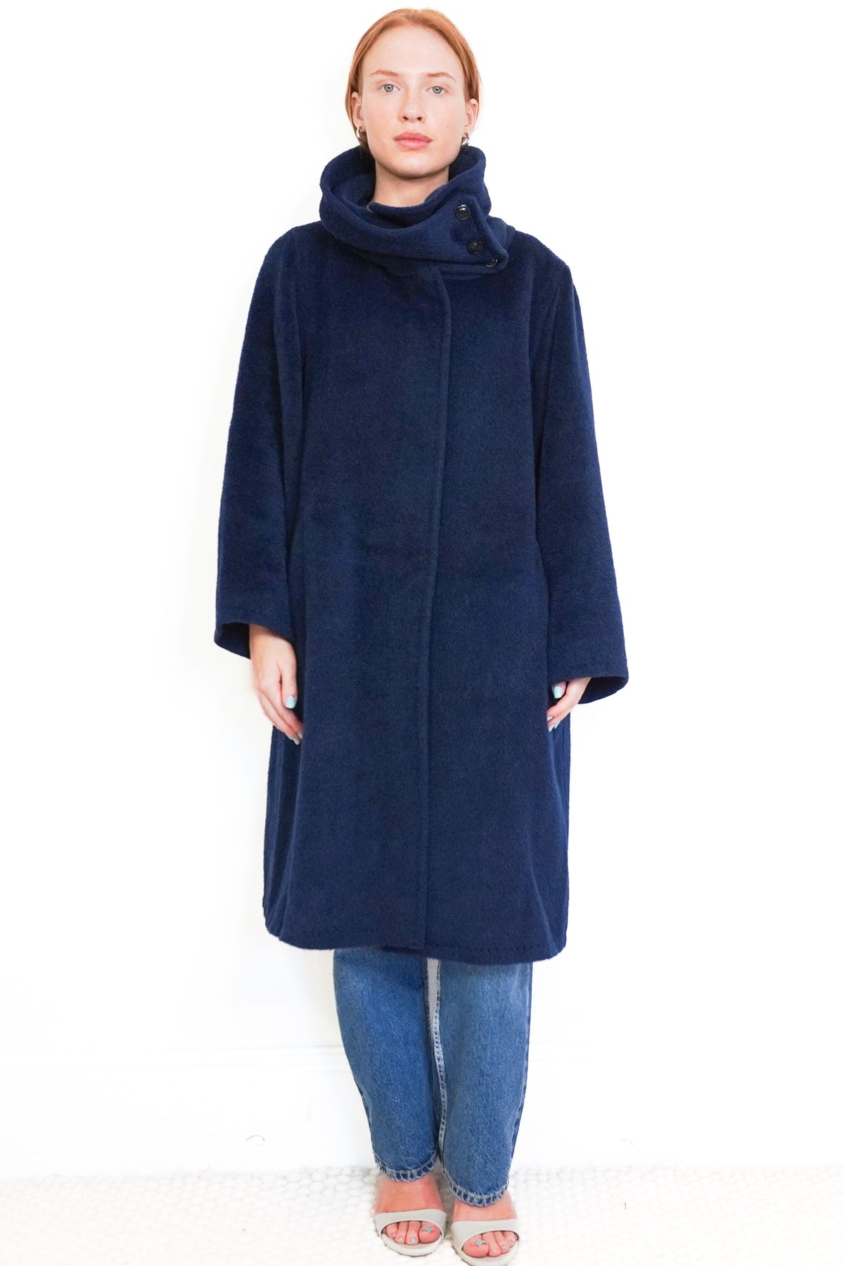 Max Mara Blue Alpaca Wool Funnel Neck Coat (RRP £1000) | Authentic Preloved