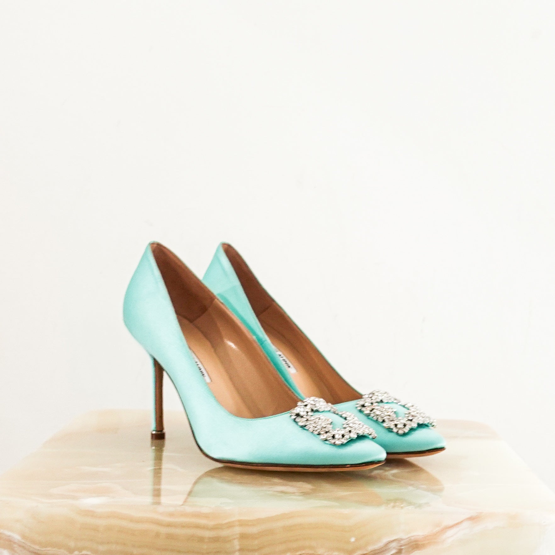 NEW Pale Blue Satin Hangisi Jewel-Buckle Pumps RRP £945