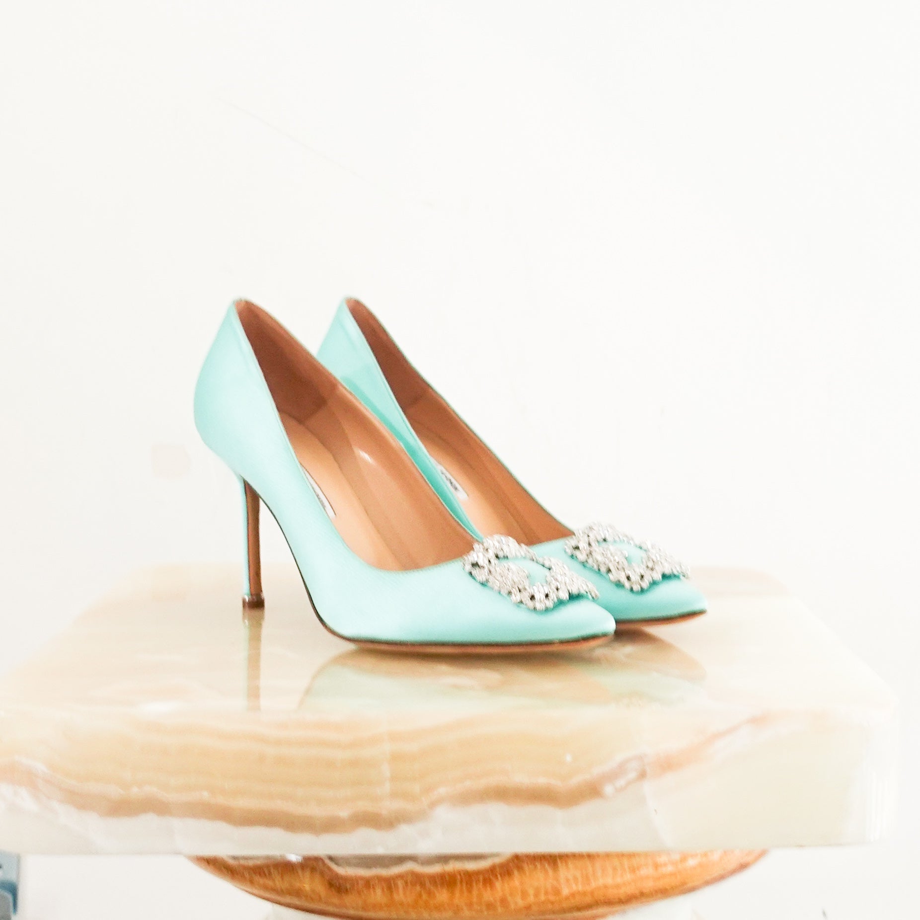 NEW Pale Blue Satin Hangisi Jewel-Buckle Pumps RRP £945