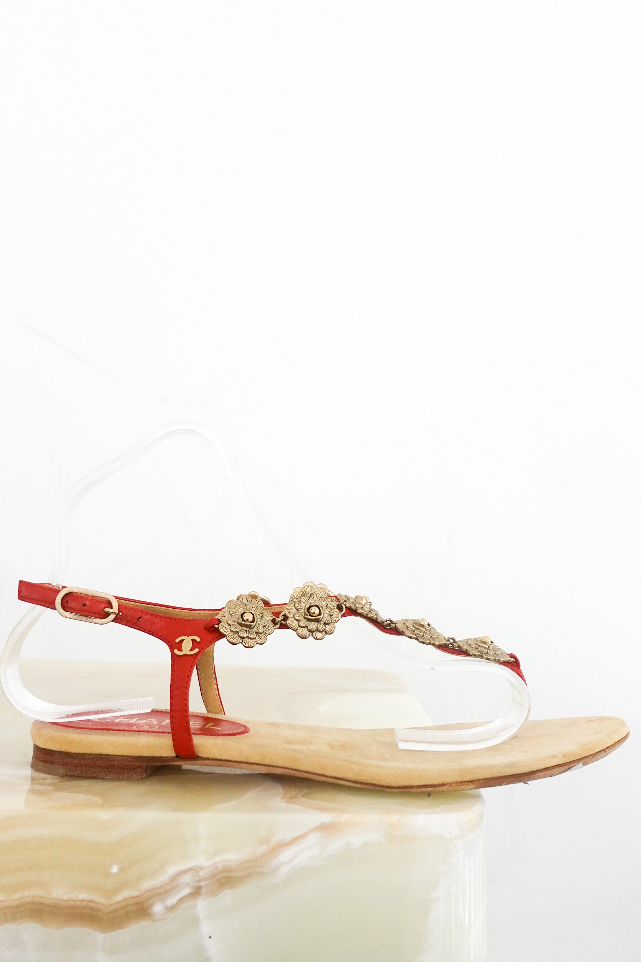 Red camellia thong sandals RRP £1k