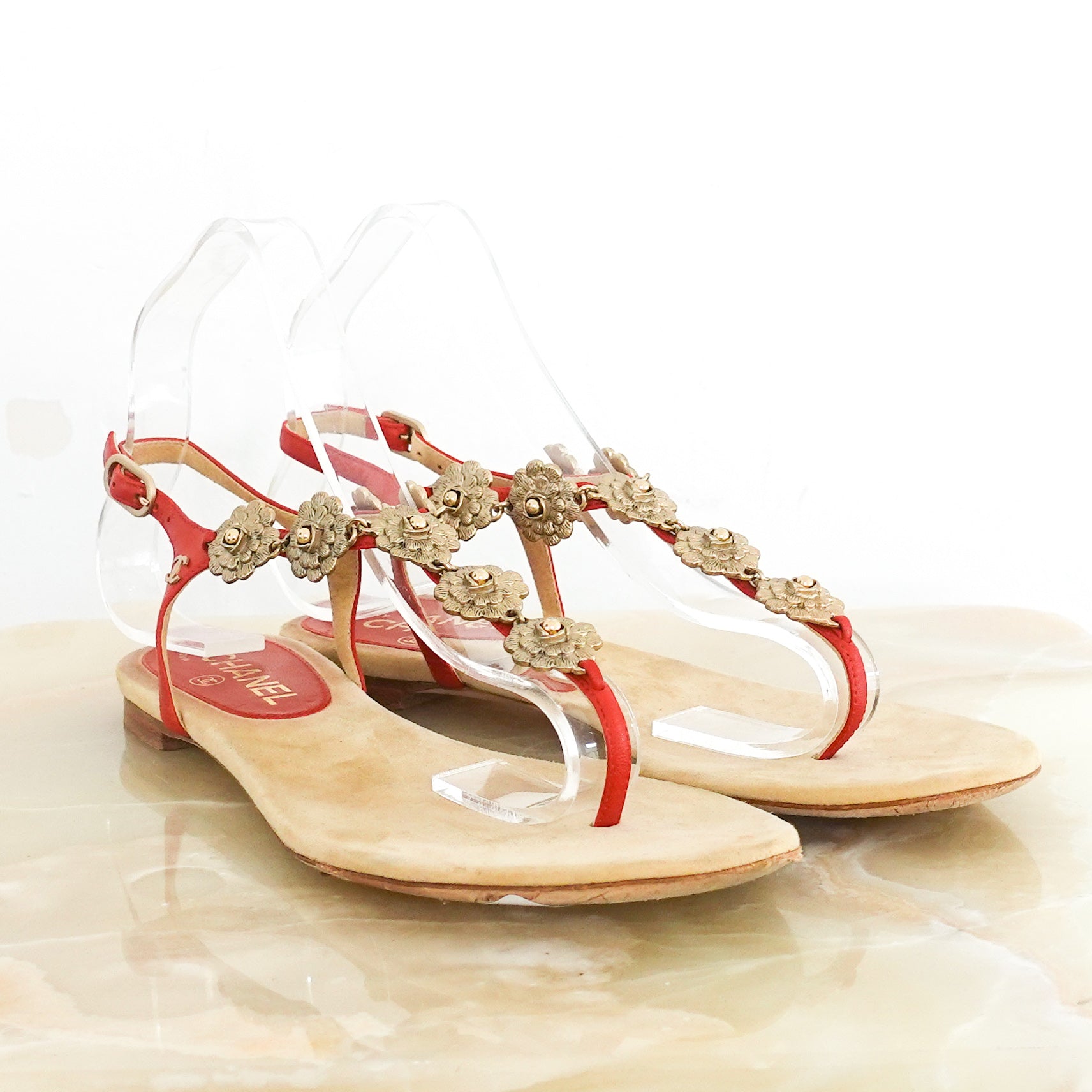 Red camellia thong sandals RRP £1k