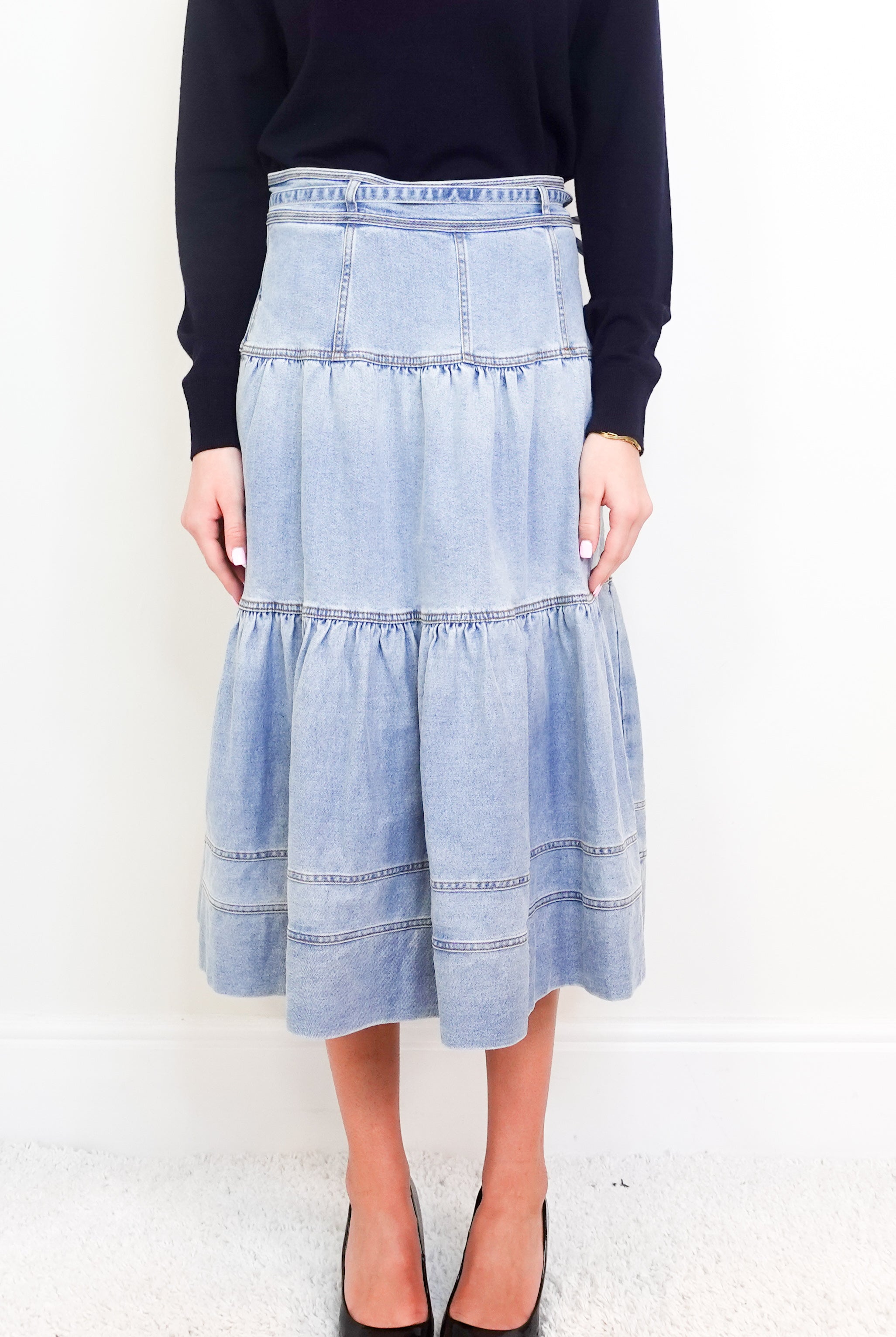 Light wash denim midi skirt RRP £500