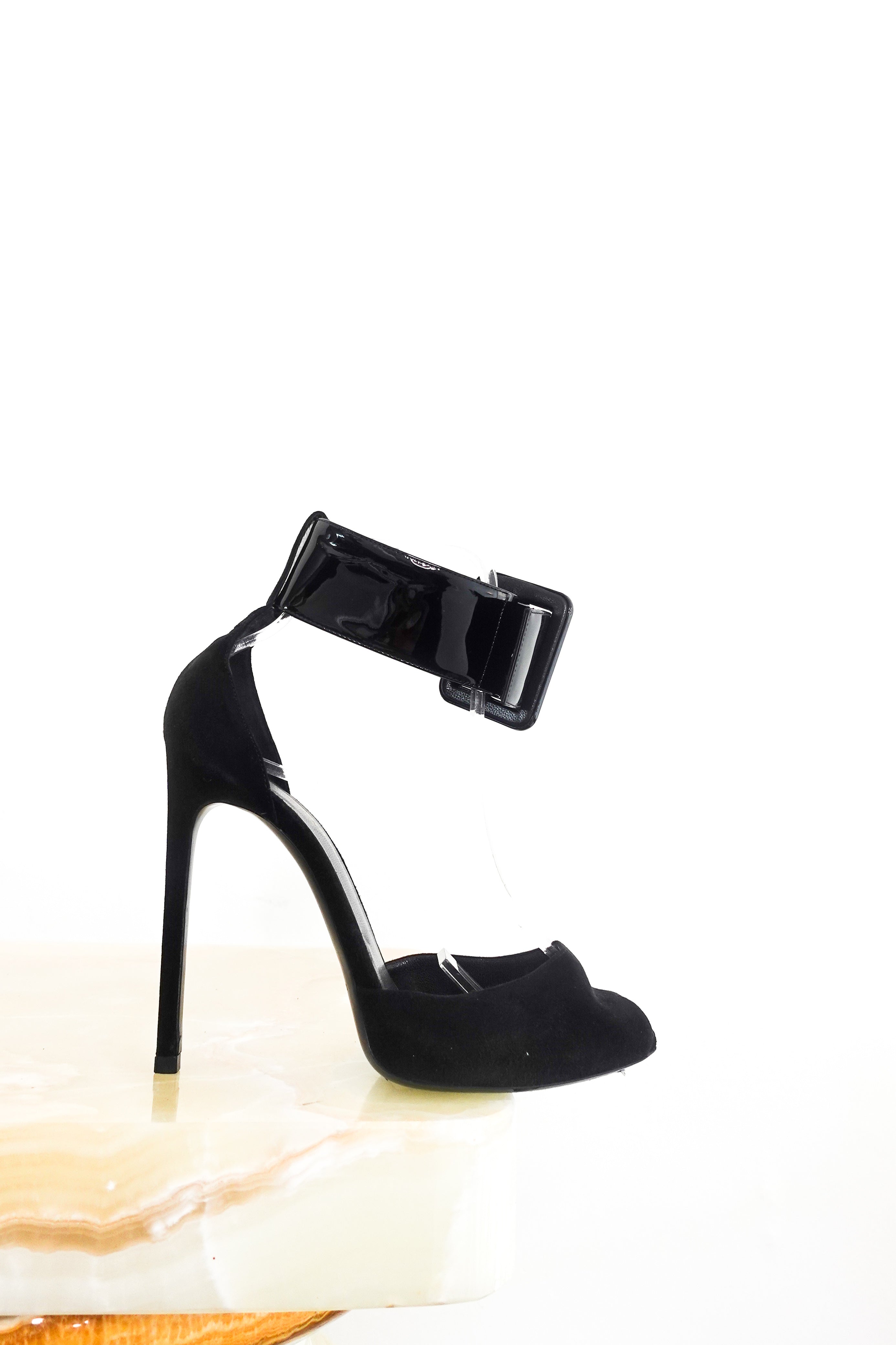 Suede heels with patent ankle straps