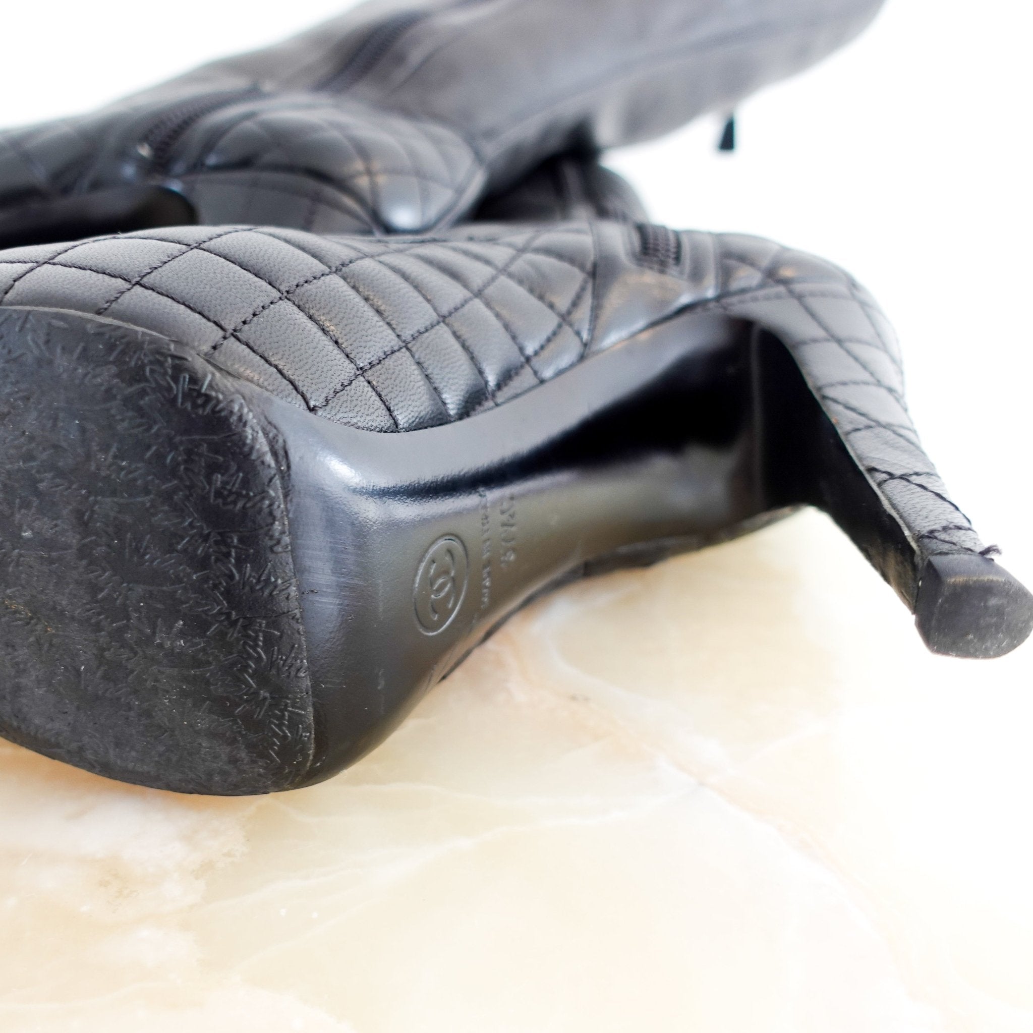 Chanel quilted leather high heeled boots in black RRP £2200 | Authentic Preloved - Reloved Again