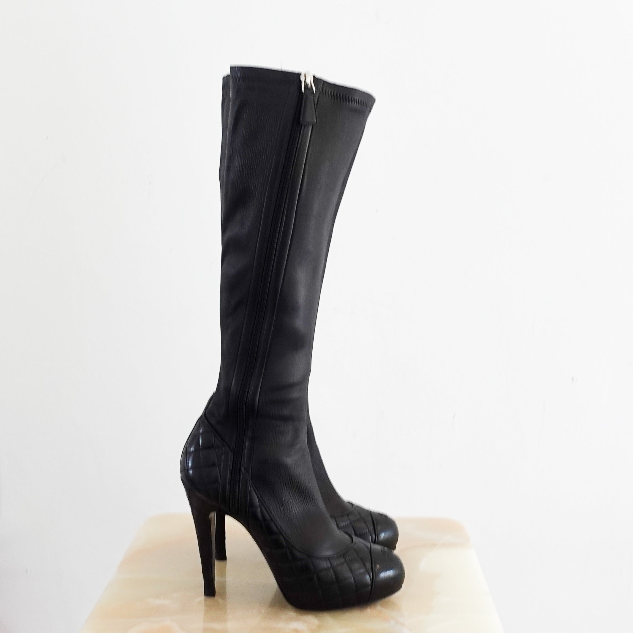 Chanel quilted leather high heeled boots in black RRP £2200 | Authentic Preloved