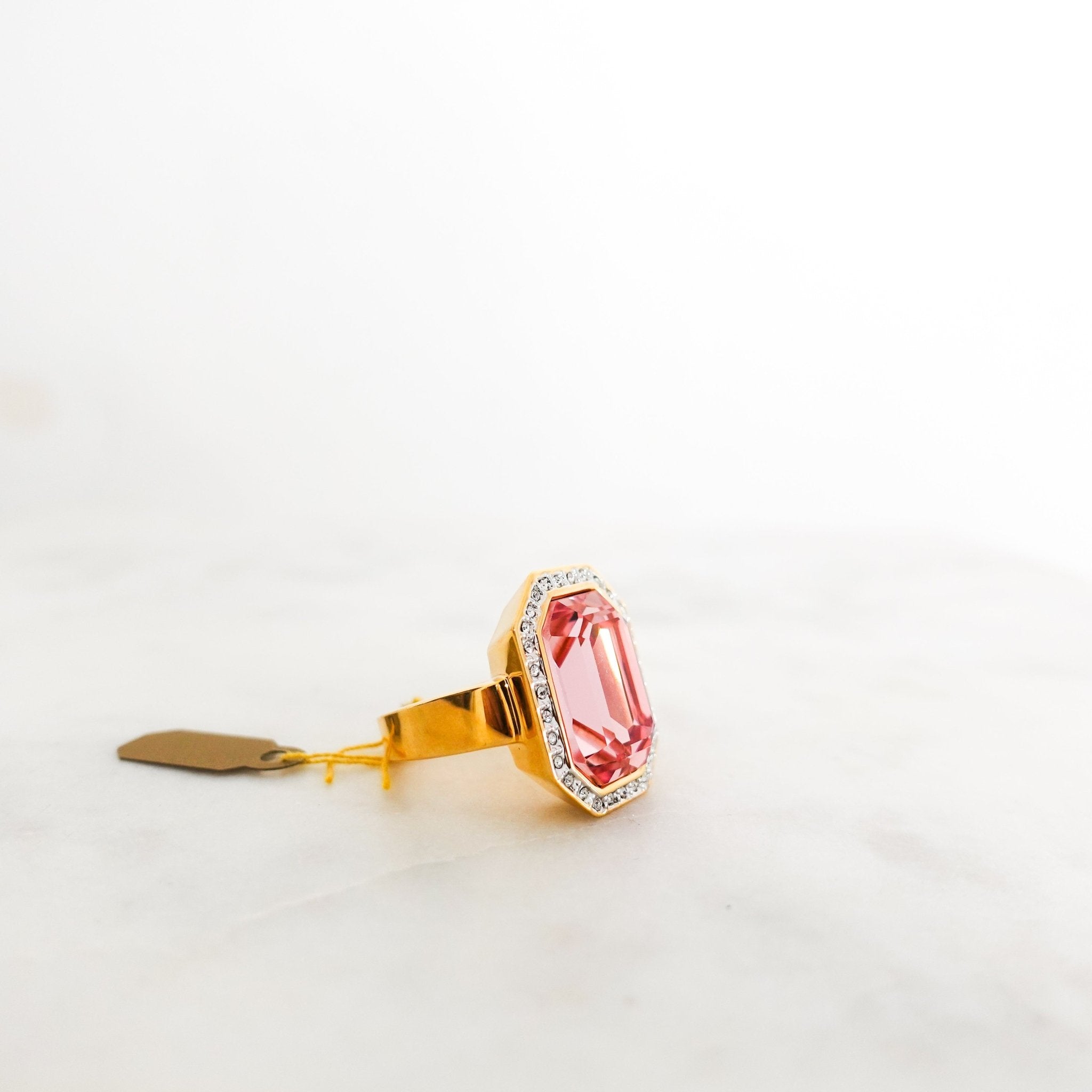 Vintage Gold plated Rose ring with colourless crystals - Reloved Again
