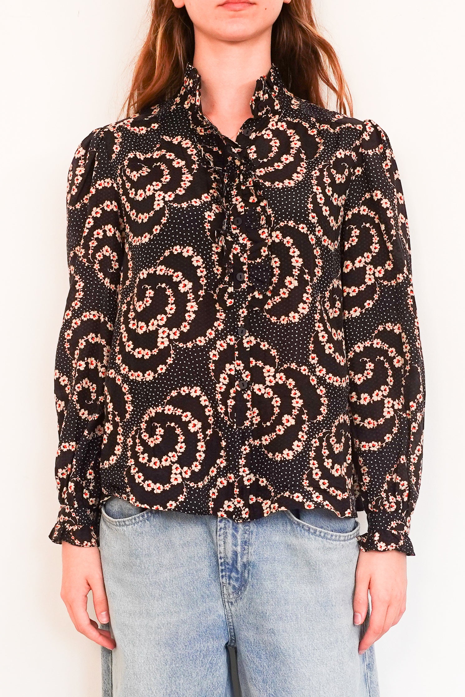 Black floral cotton blouse