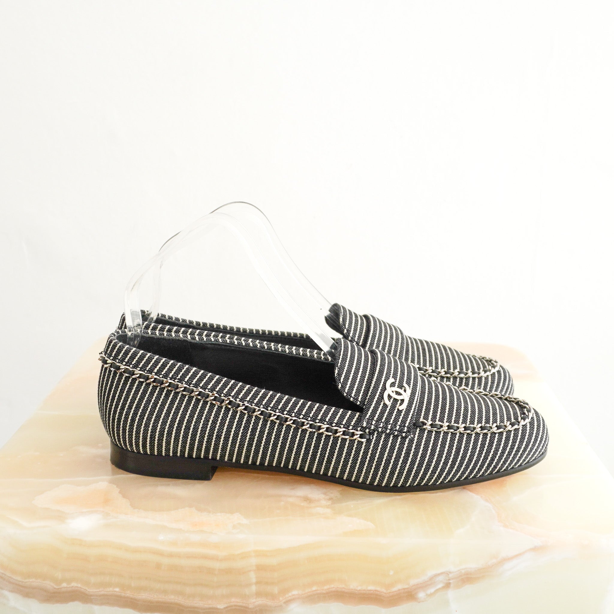 Chanel Bicolor Denim Stripe CC Chain Moccasin Loafers (RRP £1170) | Authentic Preloved