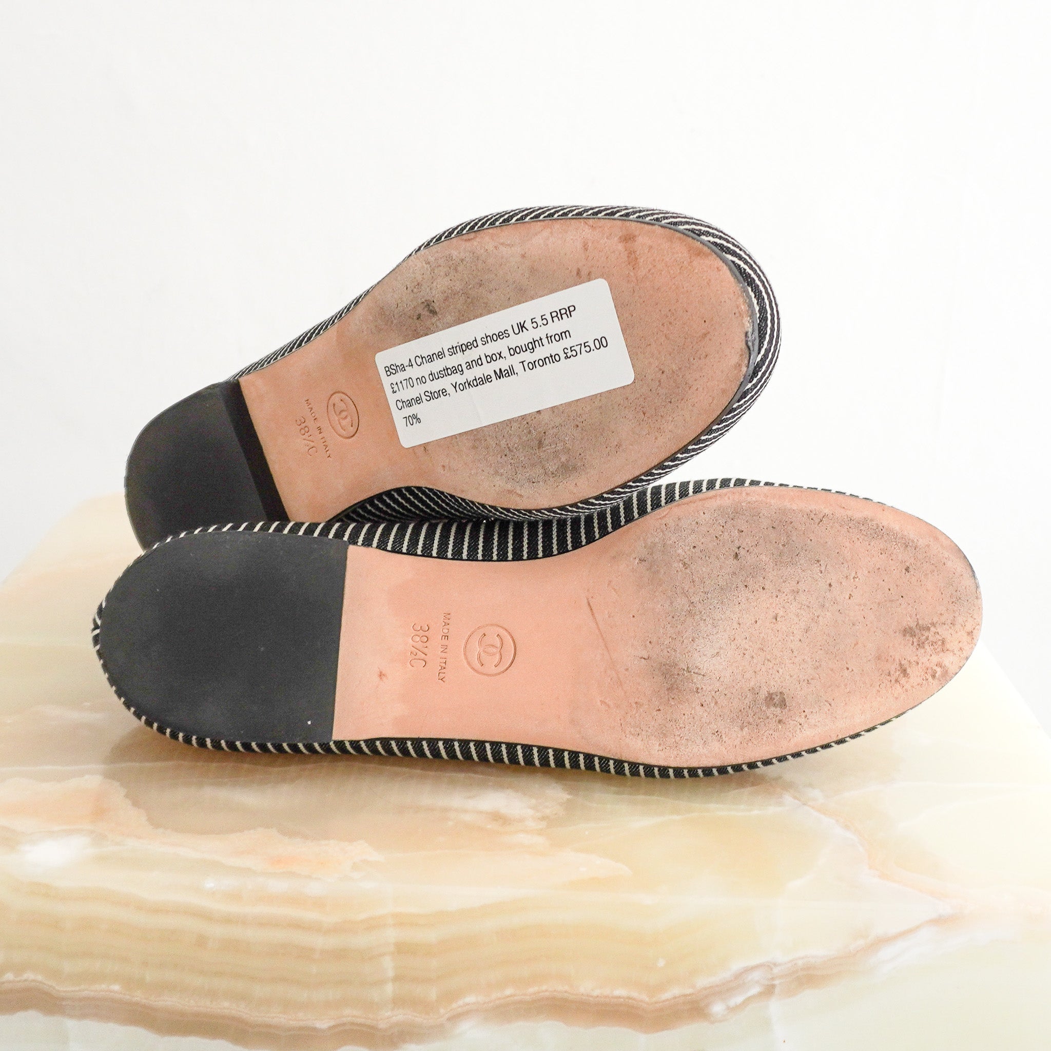 Chanel Bicolor Denim Stripe CC Chain Moccasin Loafers (RRP £1170) | Authentic Preloved