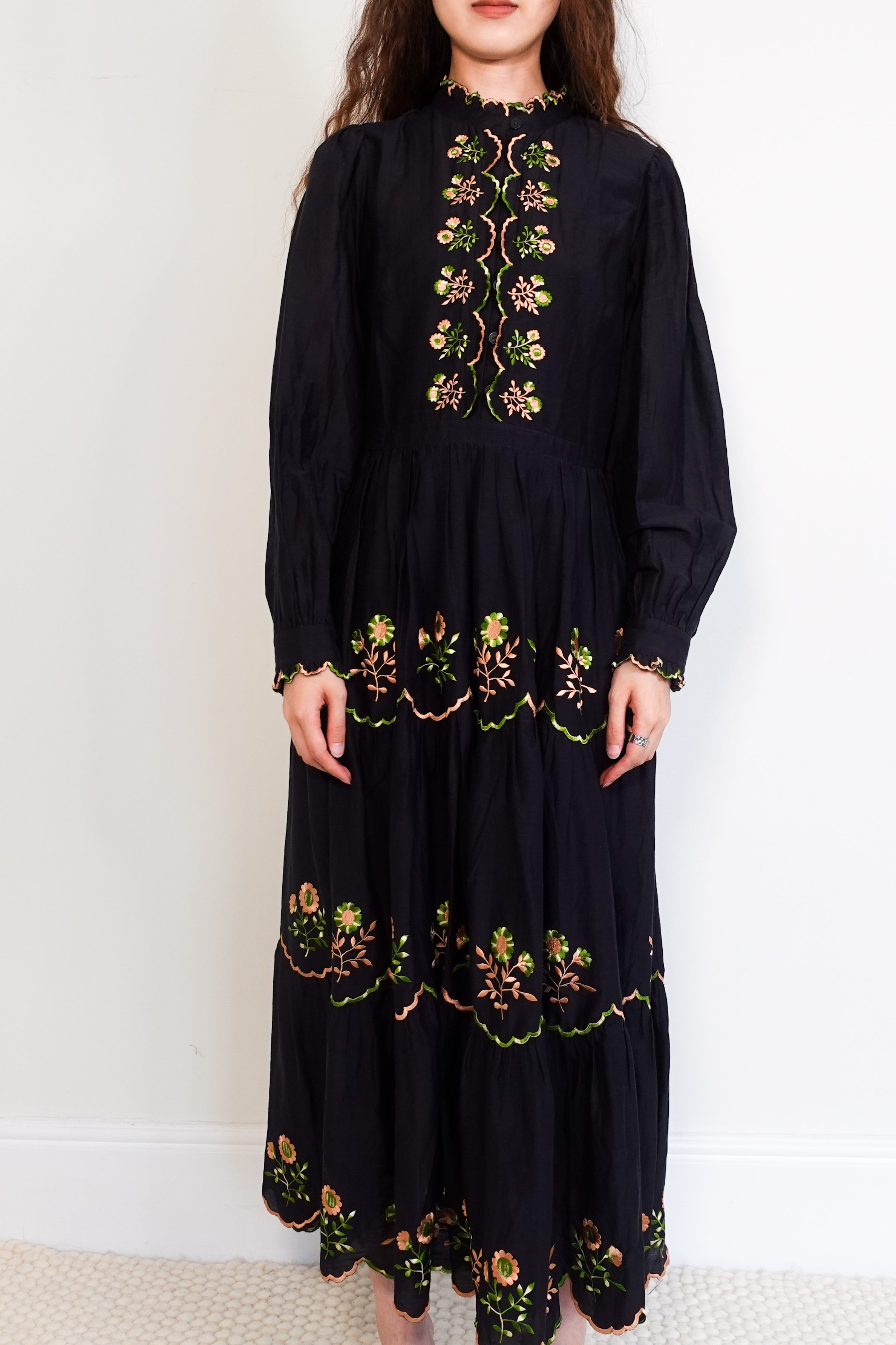 Black cotton midi dress with embroidery