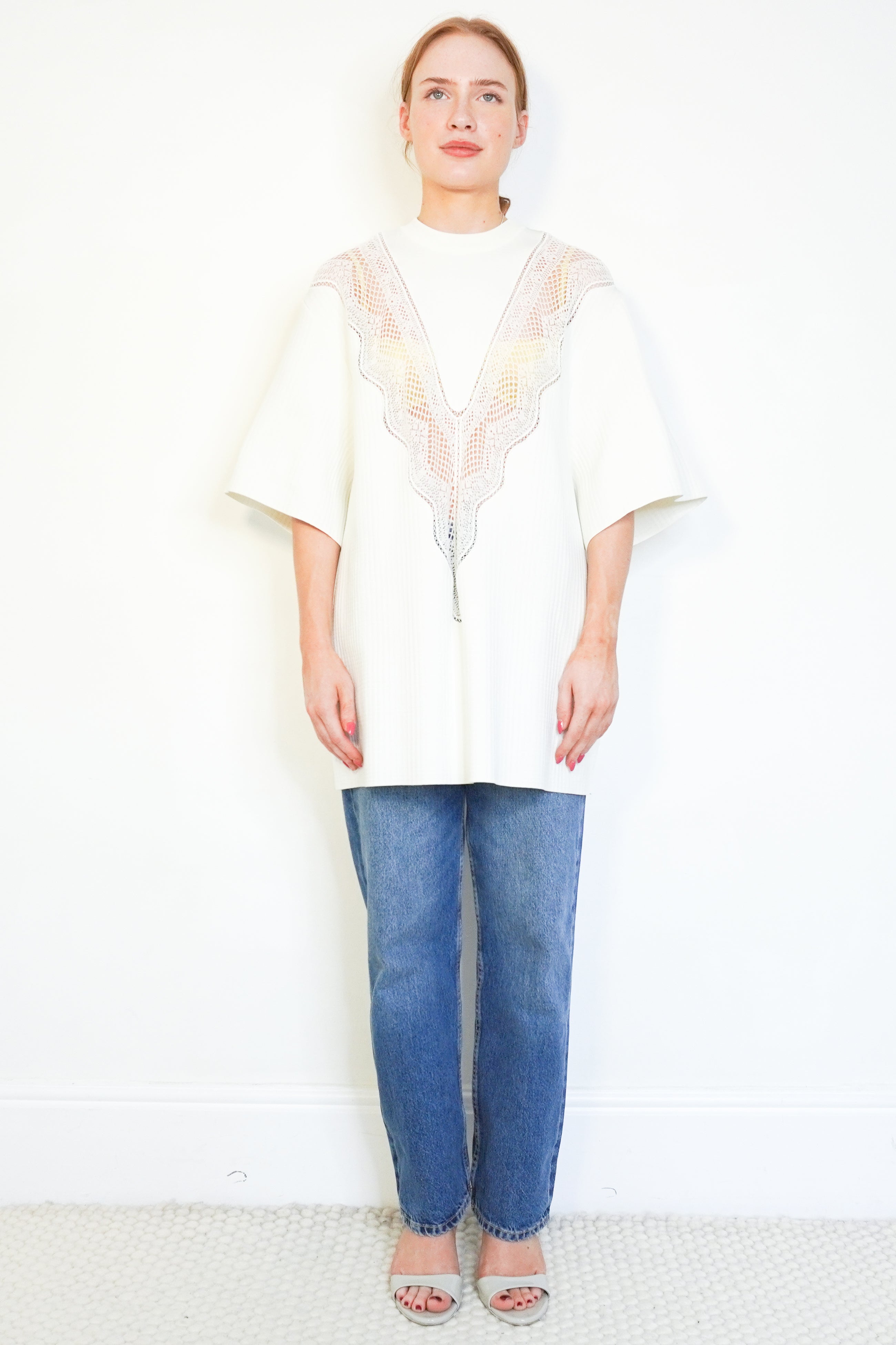 Celine White Lace Panel Oversized Top (RRP £1200) | Authentic Preloved