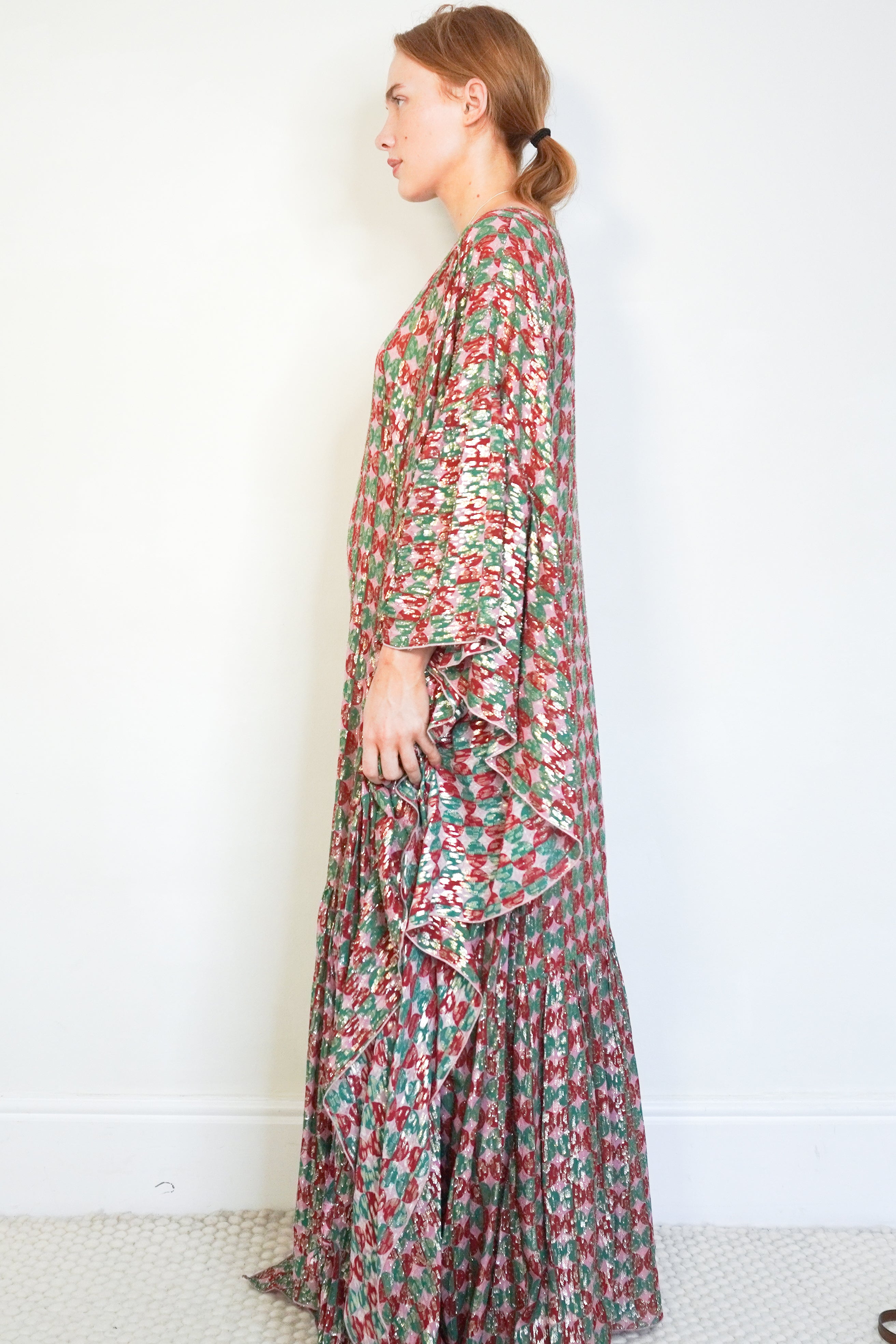 La DoubleJ Pink & Green Polka Dot Silk Lurex Kaftan Dress (RRP £1150) | Authentic Preloved