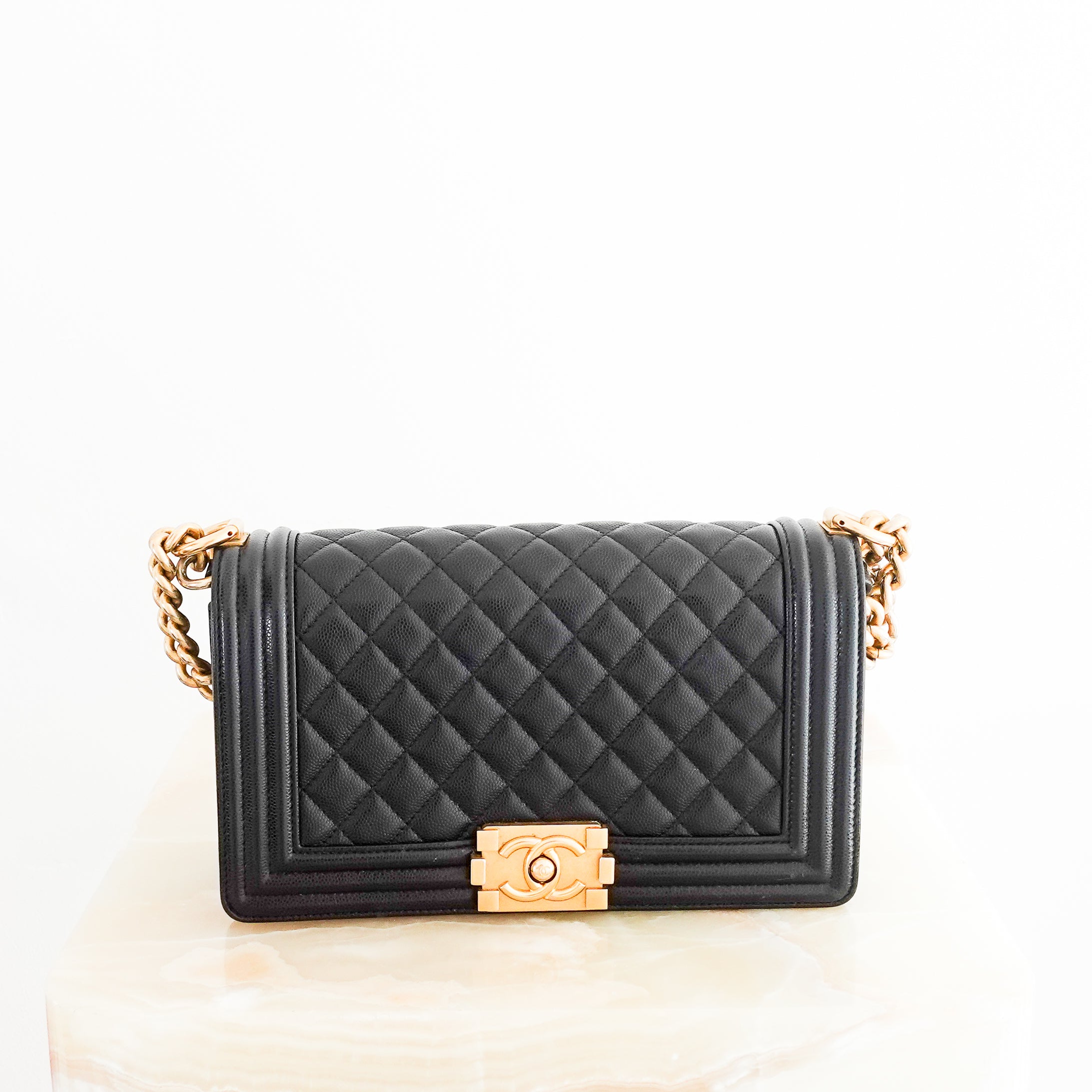 Chanel Medium Boy Bag in black caviar leather with gold CC clasp RRP £6,000 | Authentic Preloved