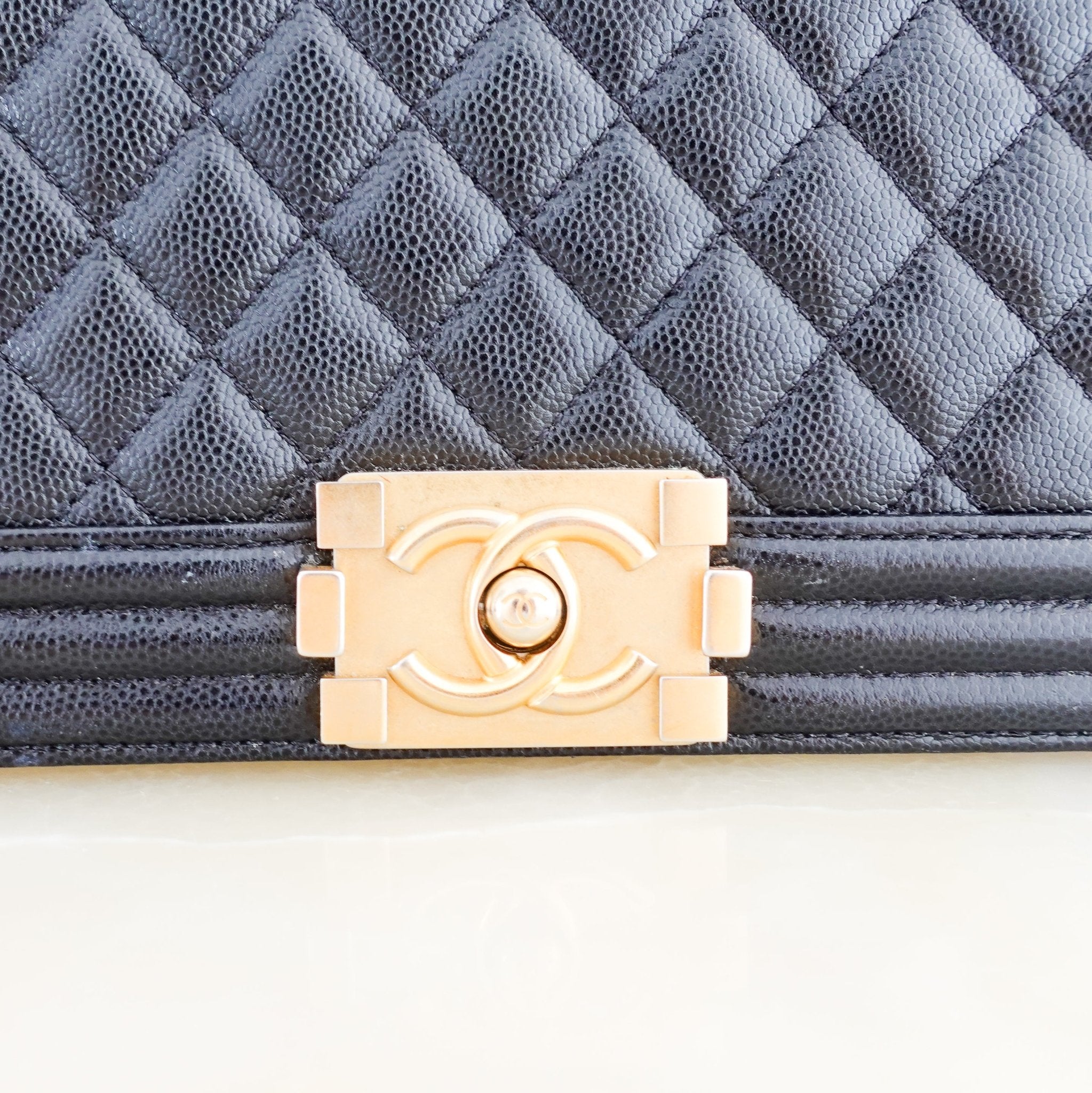 Chanel Medium Boy Bag in black caviar leather with gold CC clasp RRP £6,000 | Authentic Preloved - Reloved Again